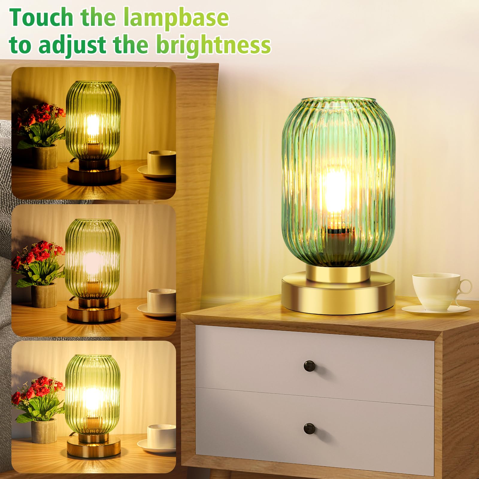 Ledikon Touch Control Mid Century Modern Table Lamp, 3 Way Dimmable, Green Glass, Small Gold, Vintage Bedside Lamp For Bedroom,