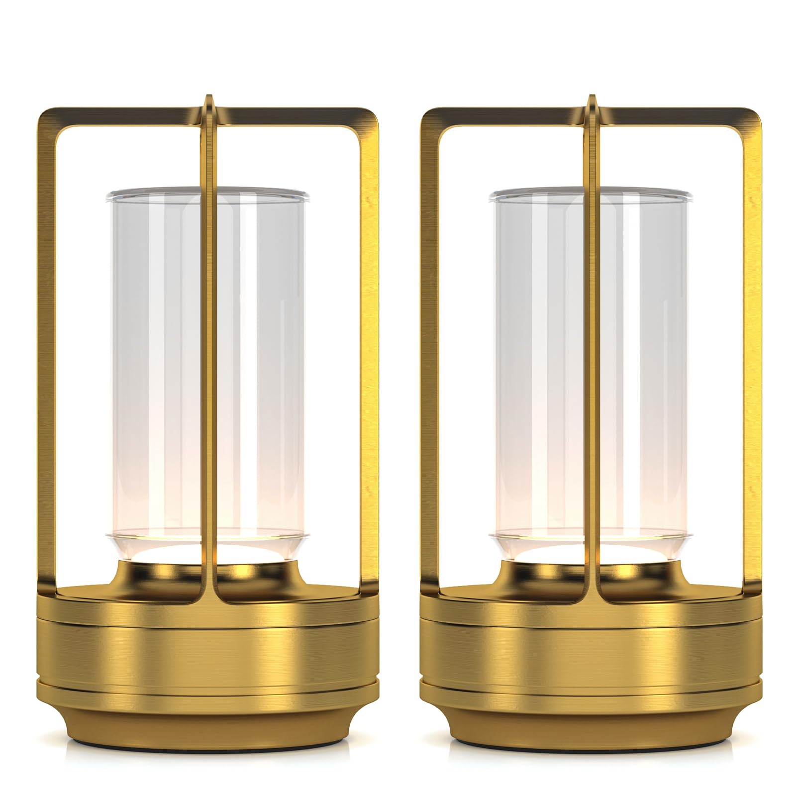 HAPYGI Portable Metal Table Lamp, Rechargeable LED, 3-Colour Dimming, 3.54x3.54x7.08in, Gold Set of 2