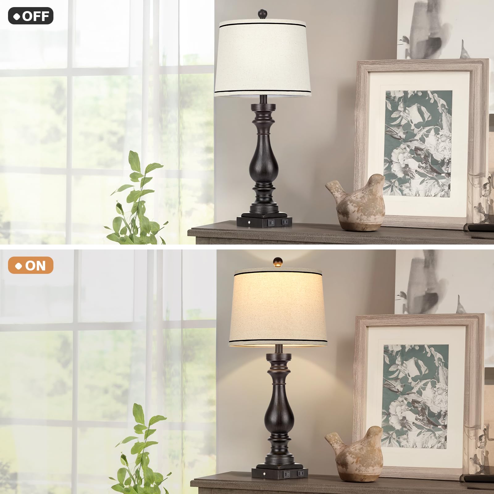 Cinkeda 29" Tall Table Lamp Set of 2 - Vintage Black Touch Control Lamps with USB & AC Outlet for Living Room & Bedroom