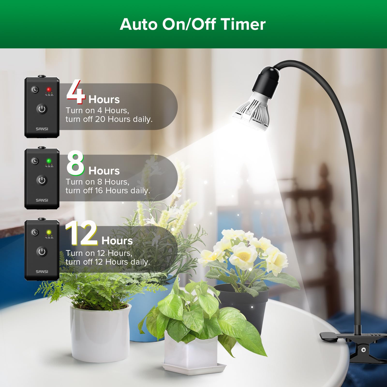 SANSI 150W LED Grow Light for Indoor Plants, Full Spectrum, Gooseneck Clip, Timer, Ceramic, Black, Model C21GL-GE26-10W