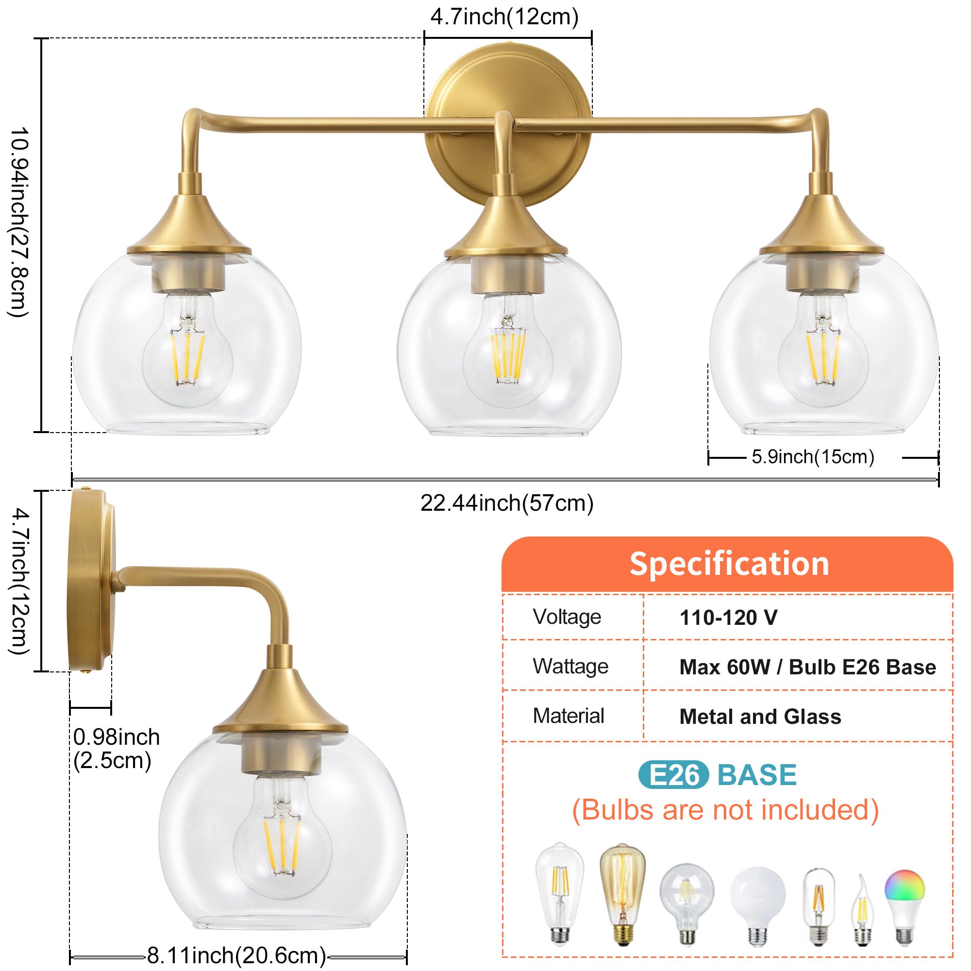 Gednbo Gold Bathroom Vanity Light Fixture, 3-Light Design, Clear Glass Shade, 22 Inch, Model G1796
