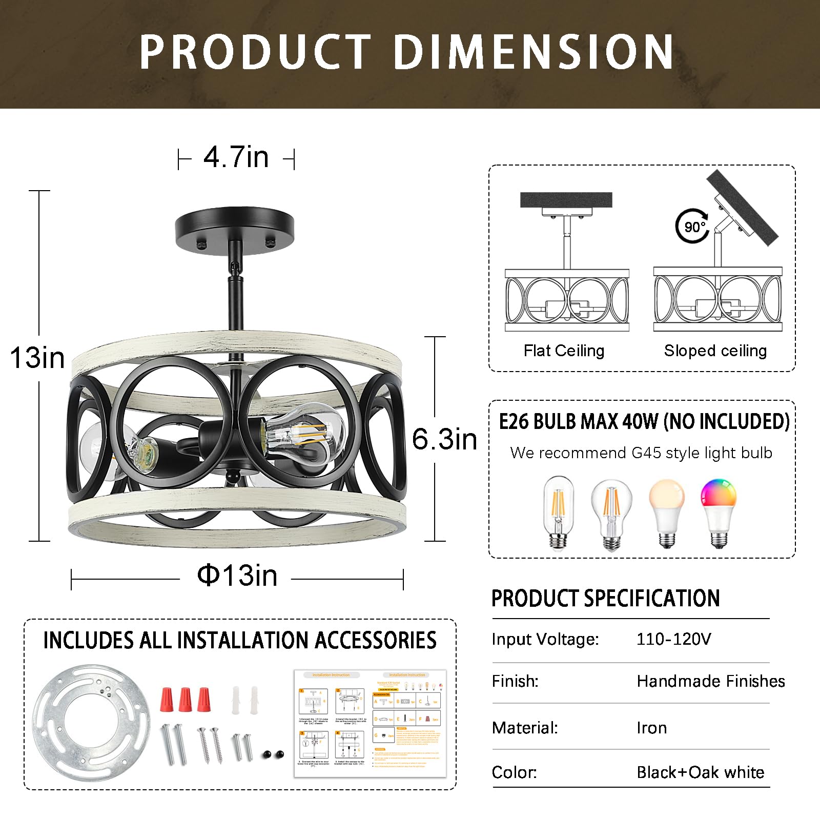 Qianzhan Farmhouse Semi Flush Mount Ceiling Light,3-Light Industry Oak White Sloped Ceiling Light Fixtures D13 Inches Rustic Met