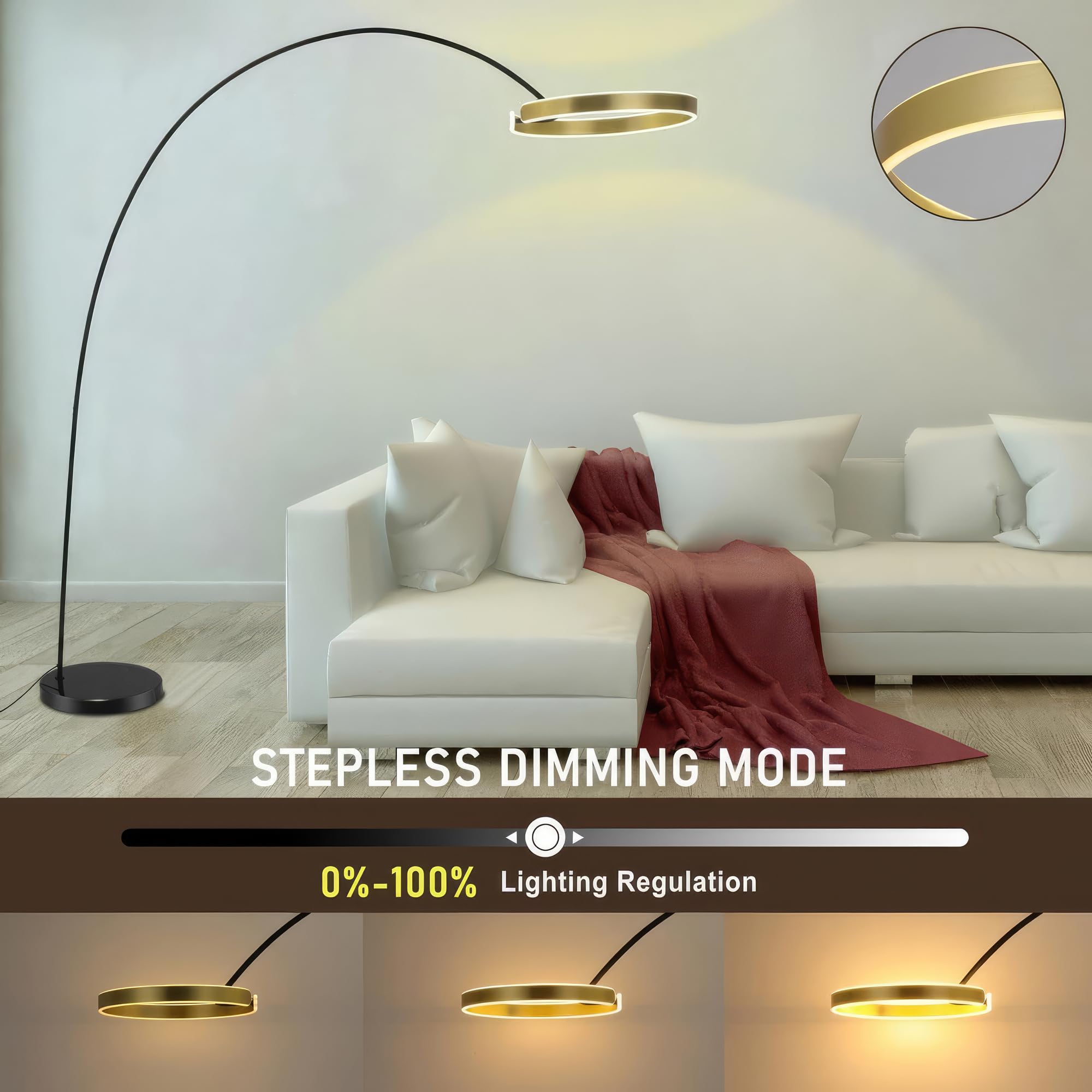 Contemporary 81'' Tall Led Overreaching Sofa Arched Floor Lamp With Remote Control - Modern Standing Corner Light, Gold Metal Sh