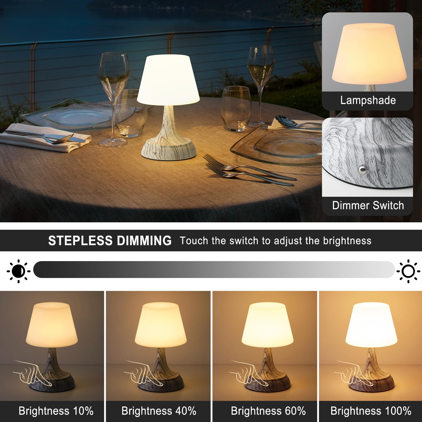 YEEZEMA Cordless Modern Table Lamp, Portable Rechargeable Battery Operated Waterproof Shower Lamp Ambient Light with Touch Dimma