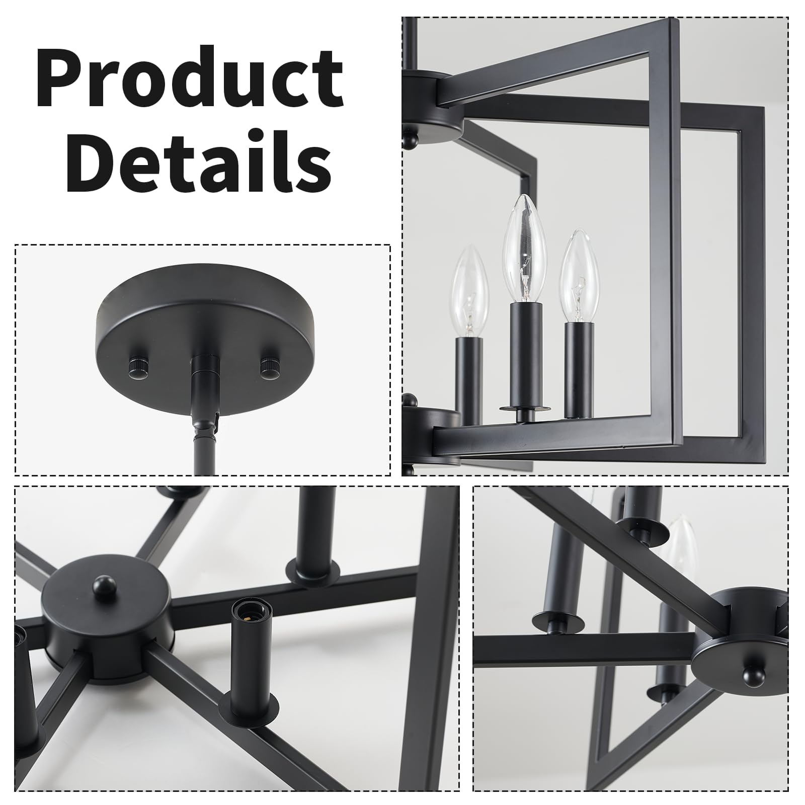 MIAYBPH Black 6-Light Industrial Chandelier, Geometric Metal Fixture for Dining Room, Living Room, Kitchen (E12 Bulbs Not Included)