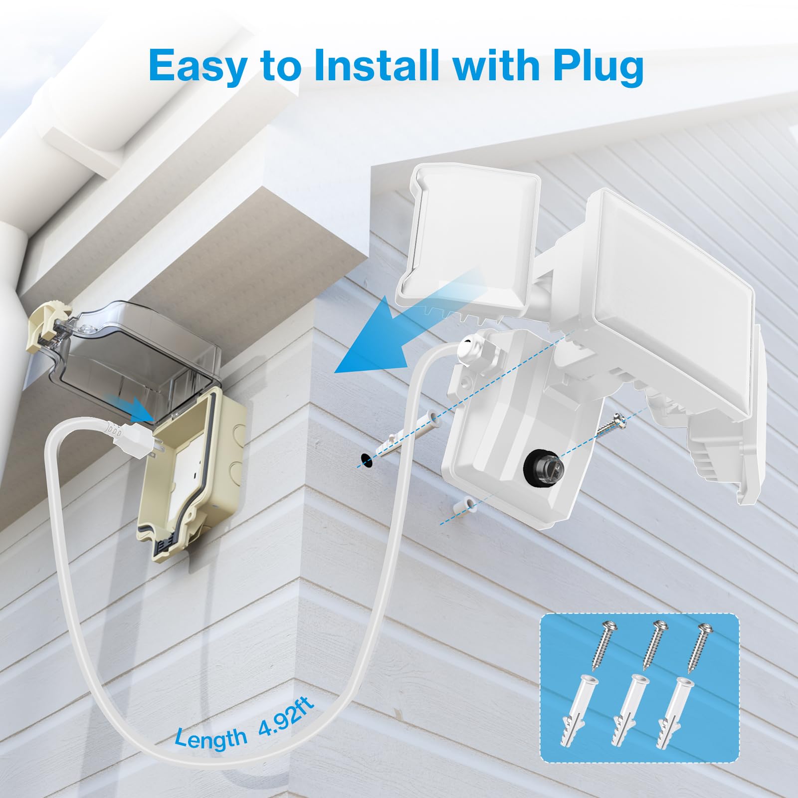 Olafus 60W Plug in Flood Lights Dusk to Dawn Outdoor Lighting, IP65 Waterproof LED Security Light with Remote Control, 6000LM, 6