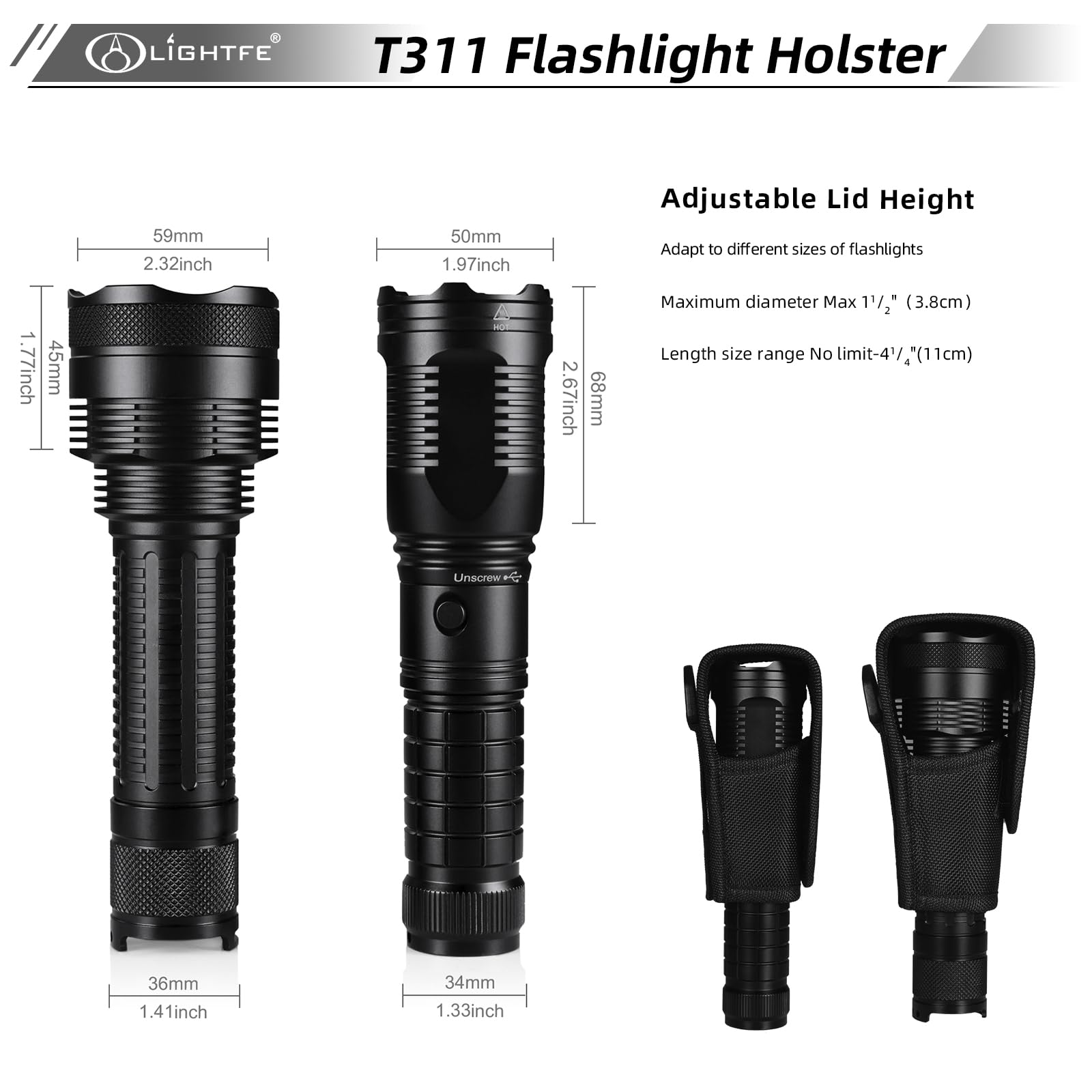 Flashlight Holster T311 Flashlight Pocket Nylon Cover, Suitable For Flashlights With Head Diameter Greater Than 1.7 Inches (43Mm