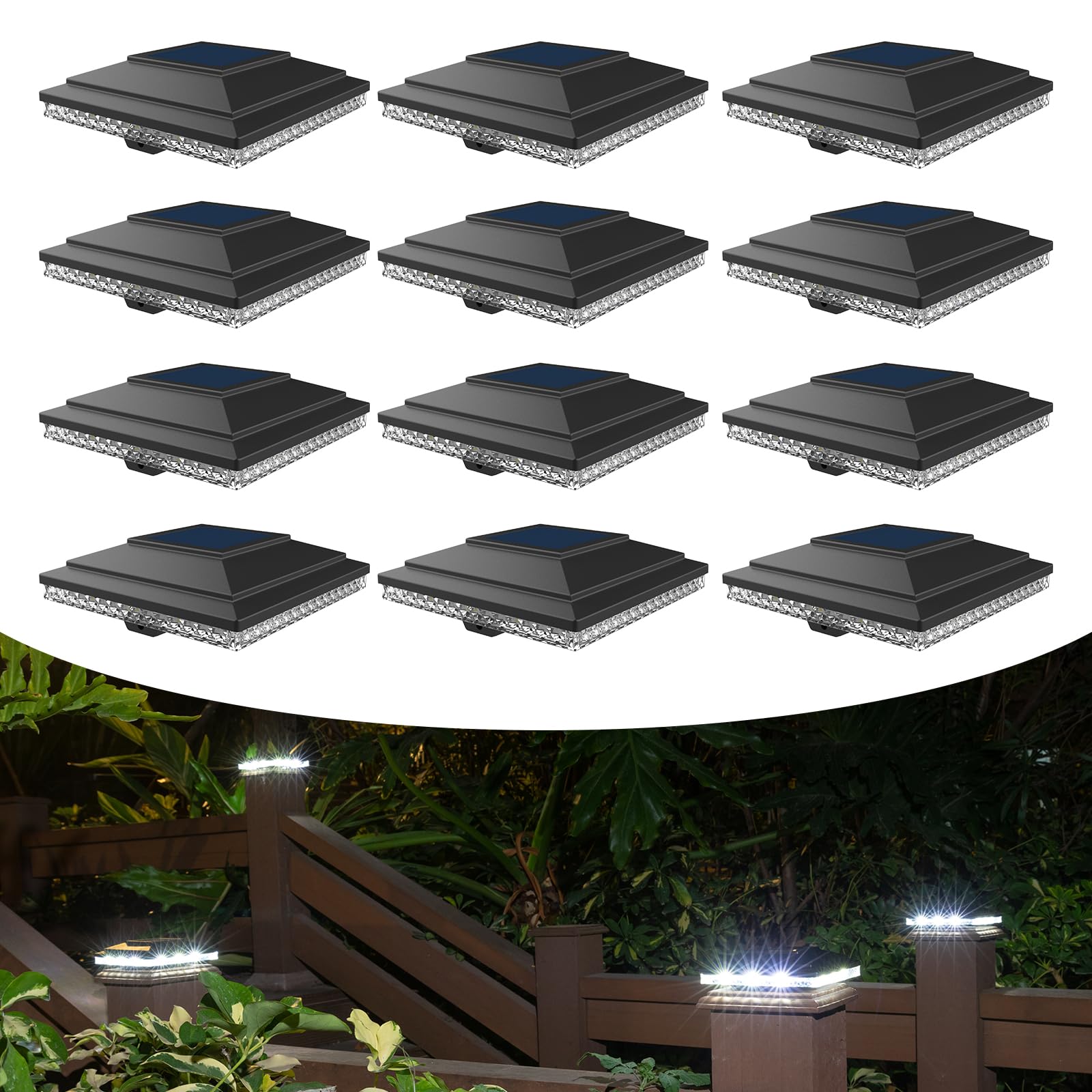 HUYIENO Solar Post Cap Lights,Outdoor Deck Fence Post Lights,Powerful Lithium Battery 20Lumens Two Light Modes Warm White/Bright