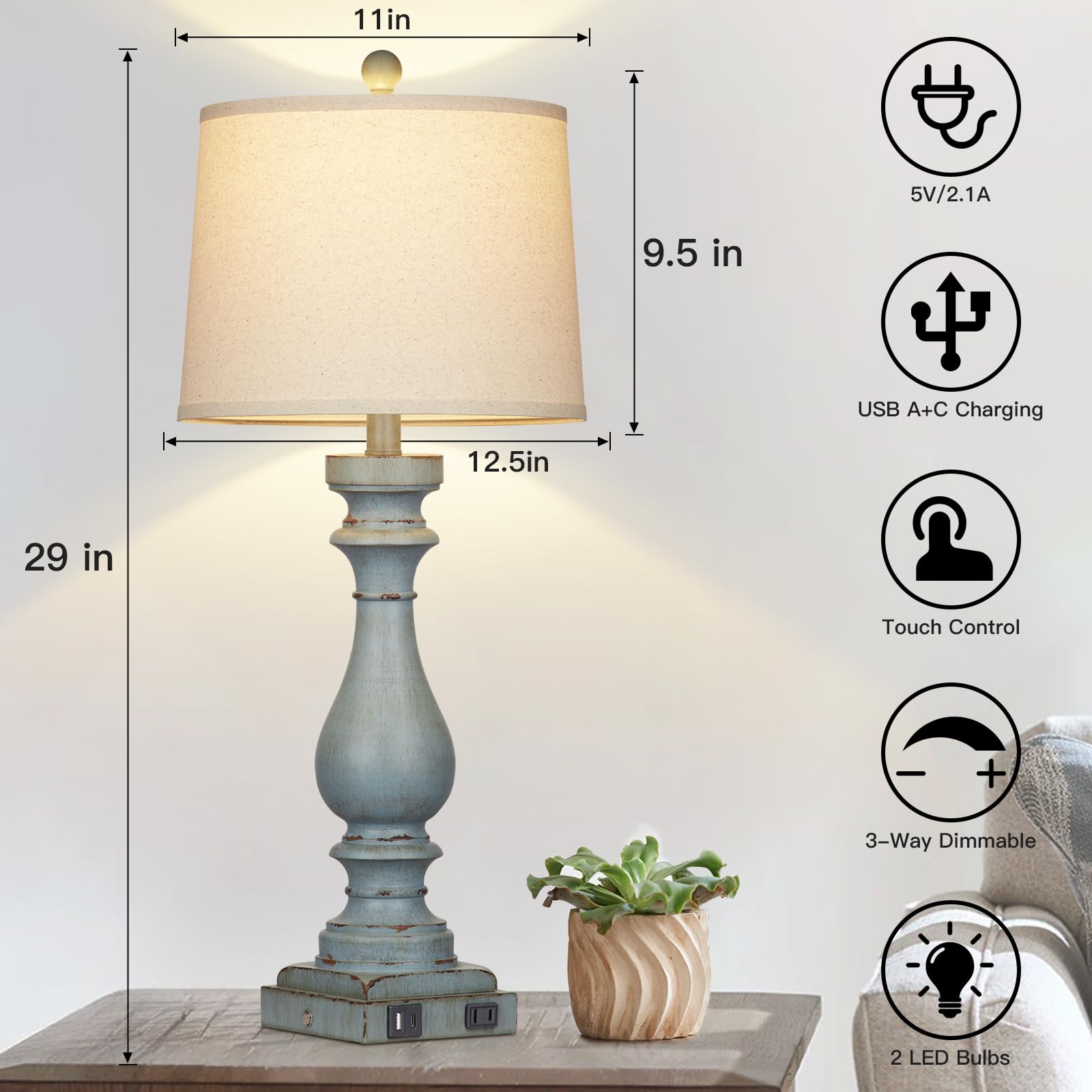 Cinkeda 29" Tall Table Lamp Set of 2, Retro Blue, 3-Way Dimmable Touch, USB C+A Ports, AC Outlet, Model TD-CK-240