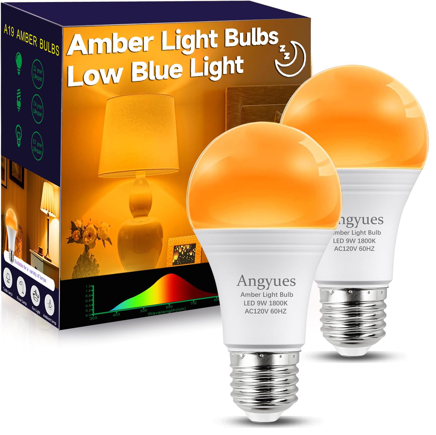 Angyues Amber Sleep Light Bulbs Dimmable, Blue Light Blocking, A19 E26 9W(60 Watt Equivalent) Dim Light Bulbs For Lamp,1800K War