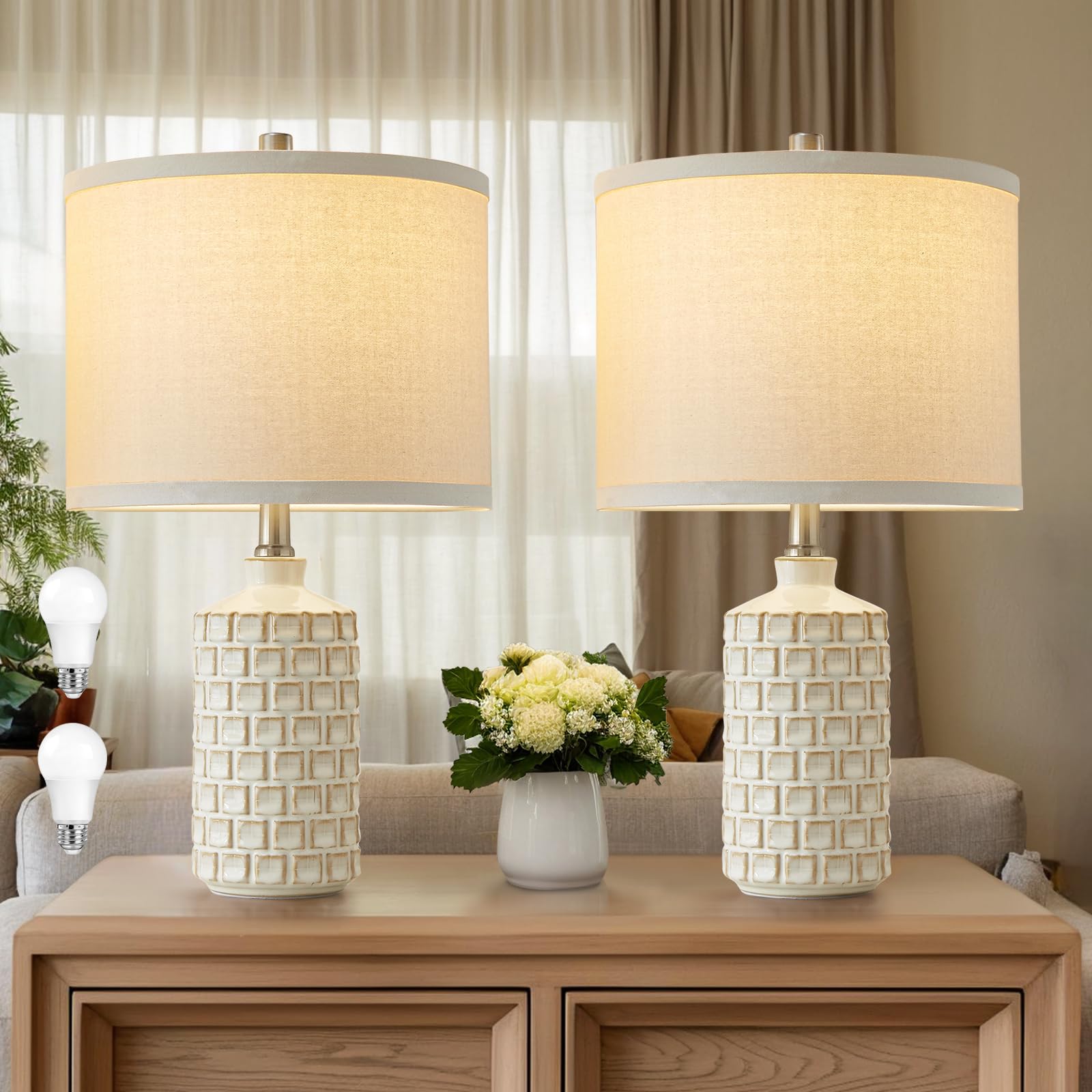 Luvkczc Vintage Farmhouse Table Lamp Set of 2, Grid Nightstand Lamp with Eye-Protecting Fabric Shade, 3-Color Temperature&2 Bulb
