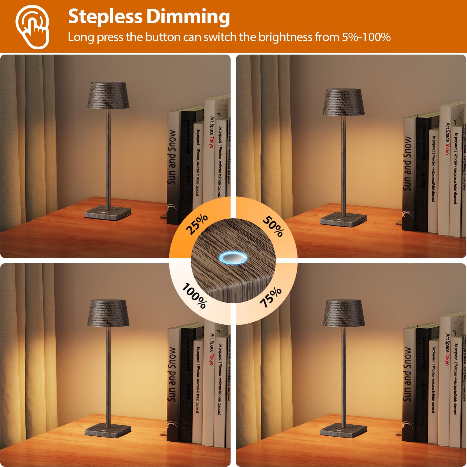 YIBEN Cordless Table Lamps 6000mAh LED, IP54 Waterproof, 3 Colors Dimming, Small, 2pack Walnut, Model S816