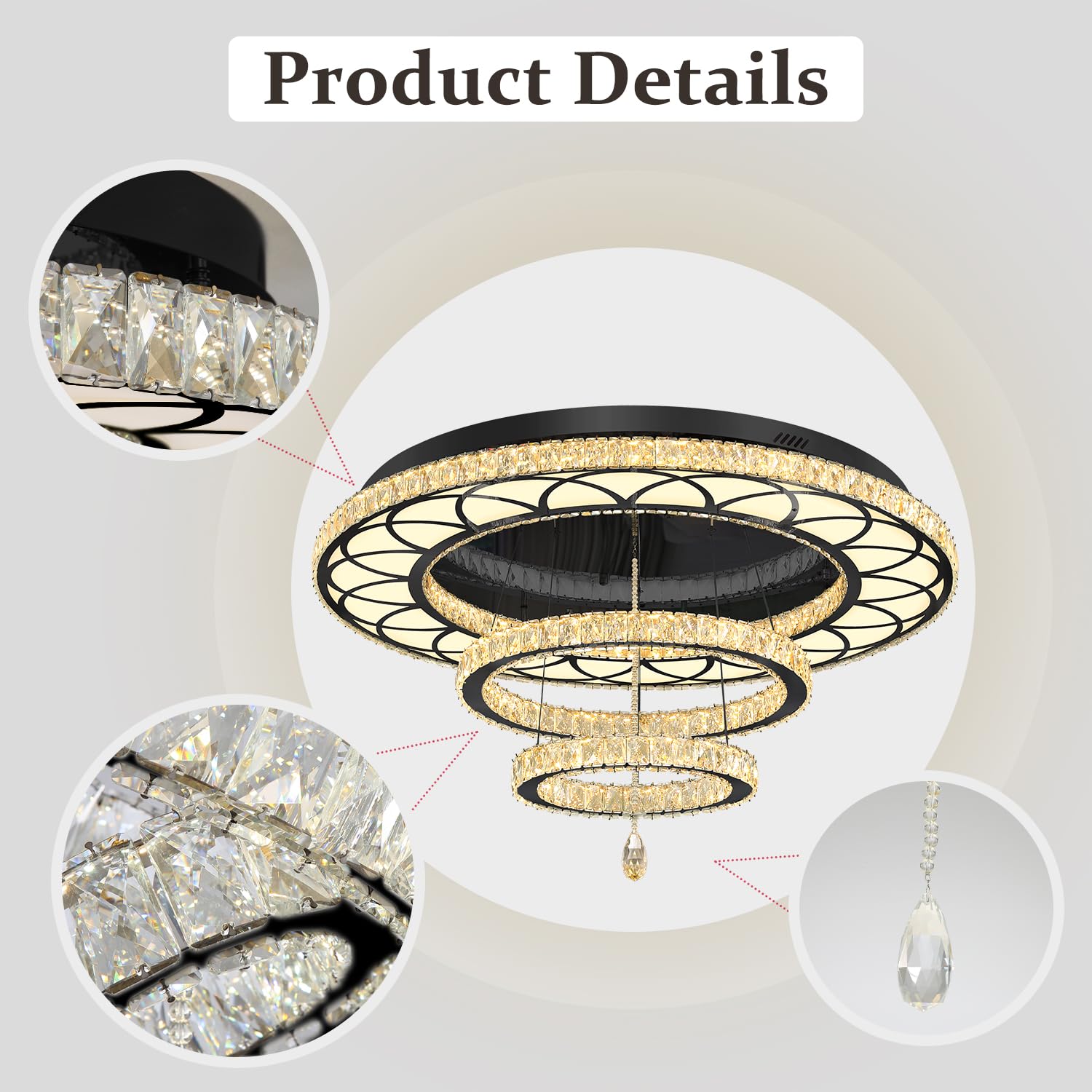 Flashing God Dia 48'' Large Chandelier Crystal Black Ceiling Light Fixtures Led Flush Mount Ceiling Light For Living Room Bedroo