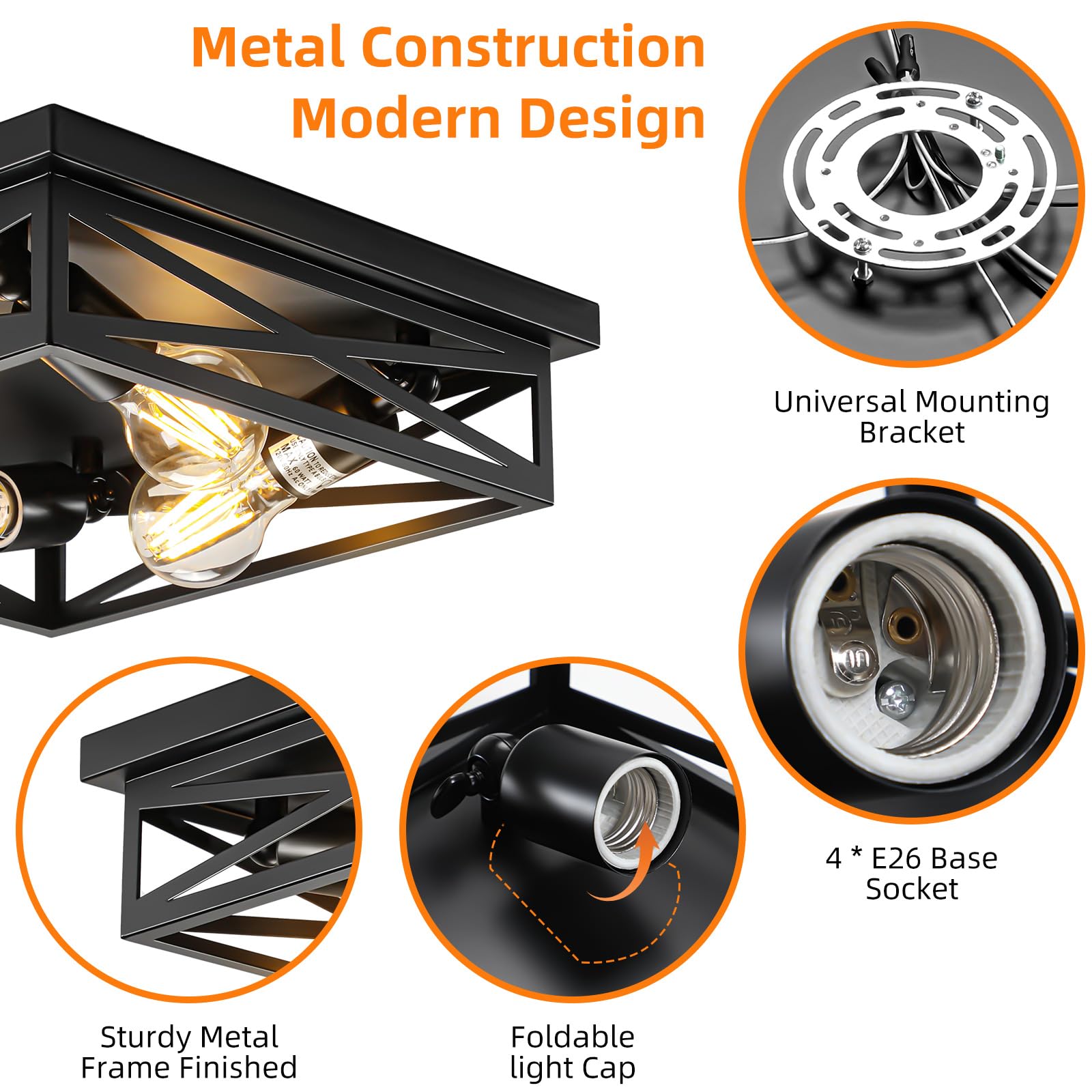 Dikaida 4-Light Flush Mount Ceiling Light Fixture, Kitchen Lights, Black Farmhouse Flush Mount Light Fixture, Metal Cage Closed