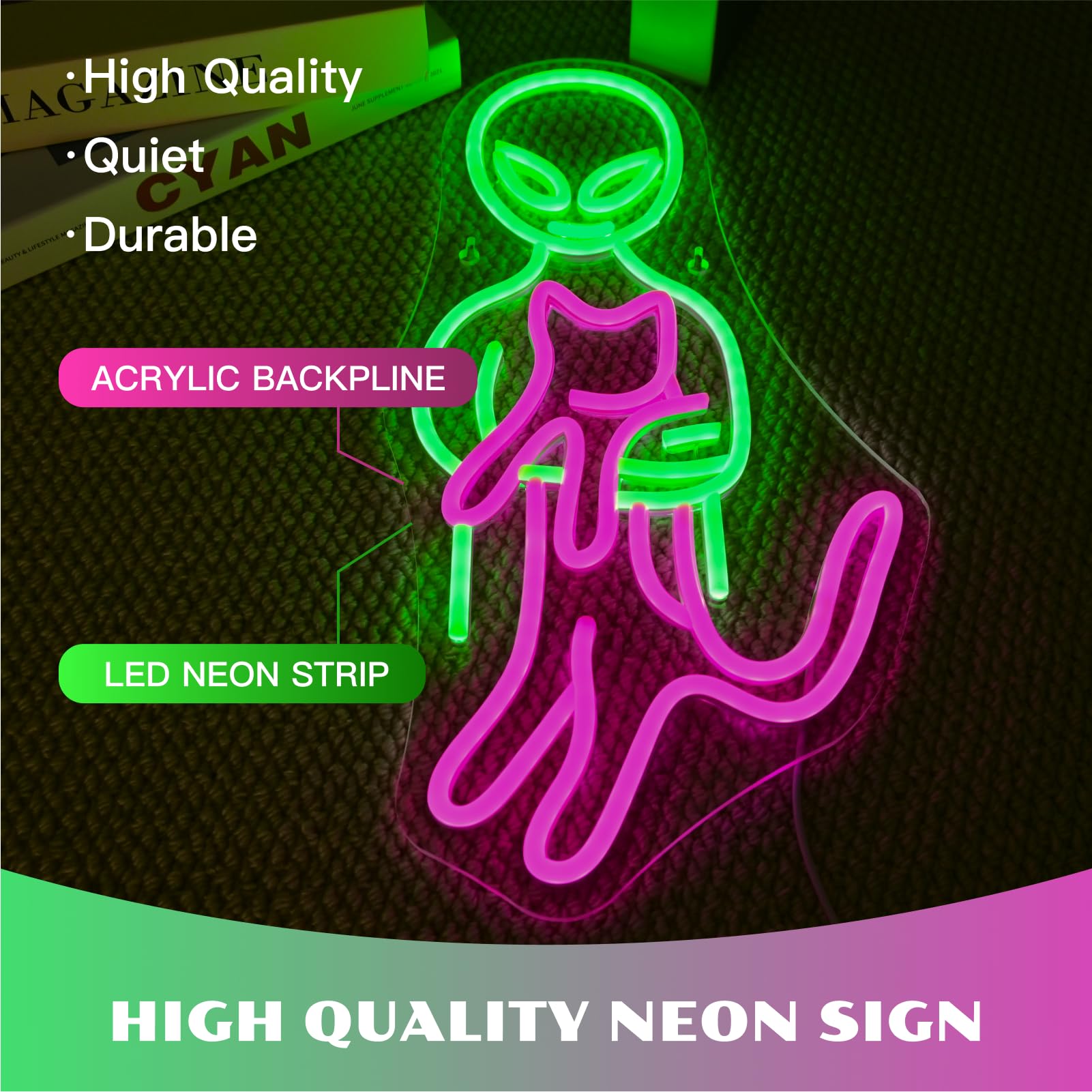 ineonlife Alien Cat Neon Sign LED Light Wall Art Decor 16.4in  x 8.7in  Acrylic Green Pink for Game Room Bedroom Gifts