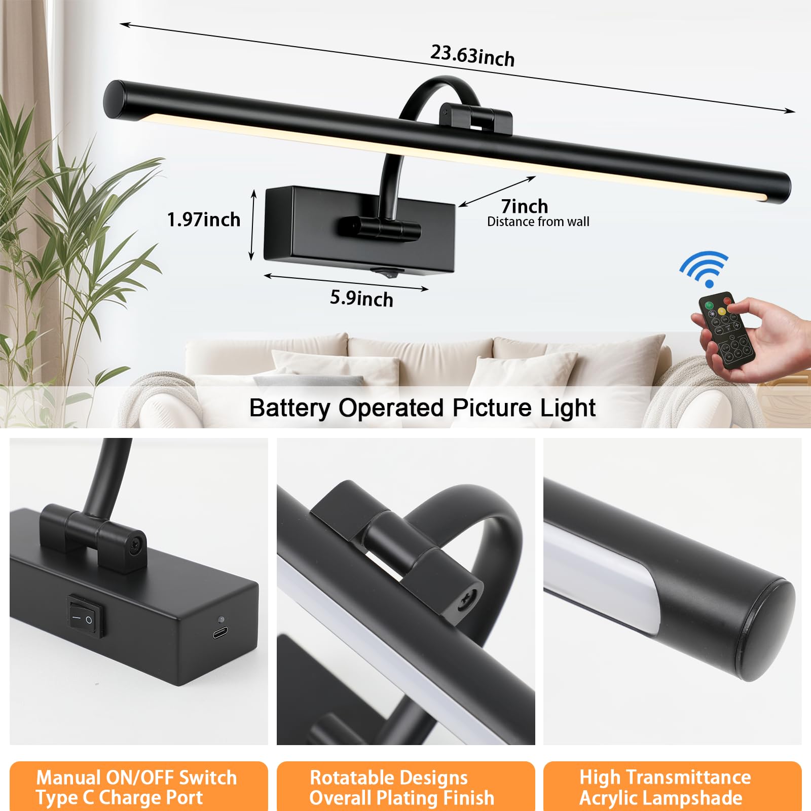 Tassuowell Picture Light Battery Operated With Remote, 3Cct Dimmable Picture Light For Paintings, Black Rechargeable 24 Inch Bat