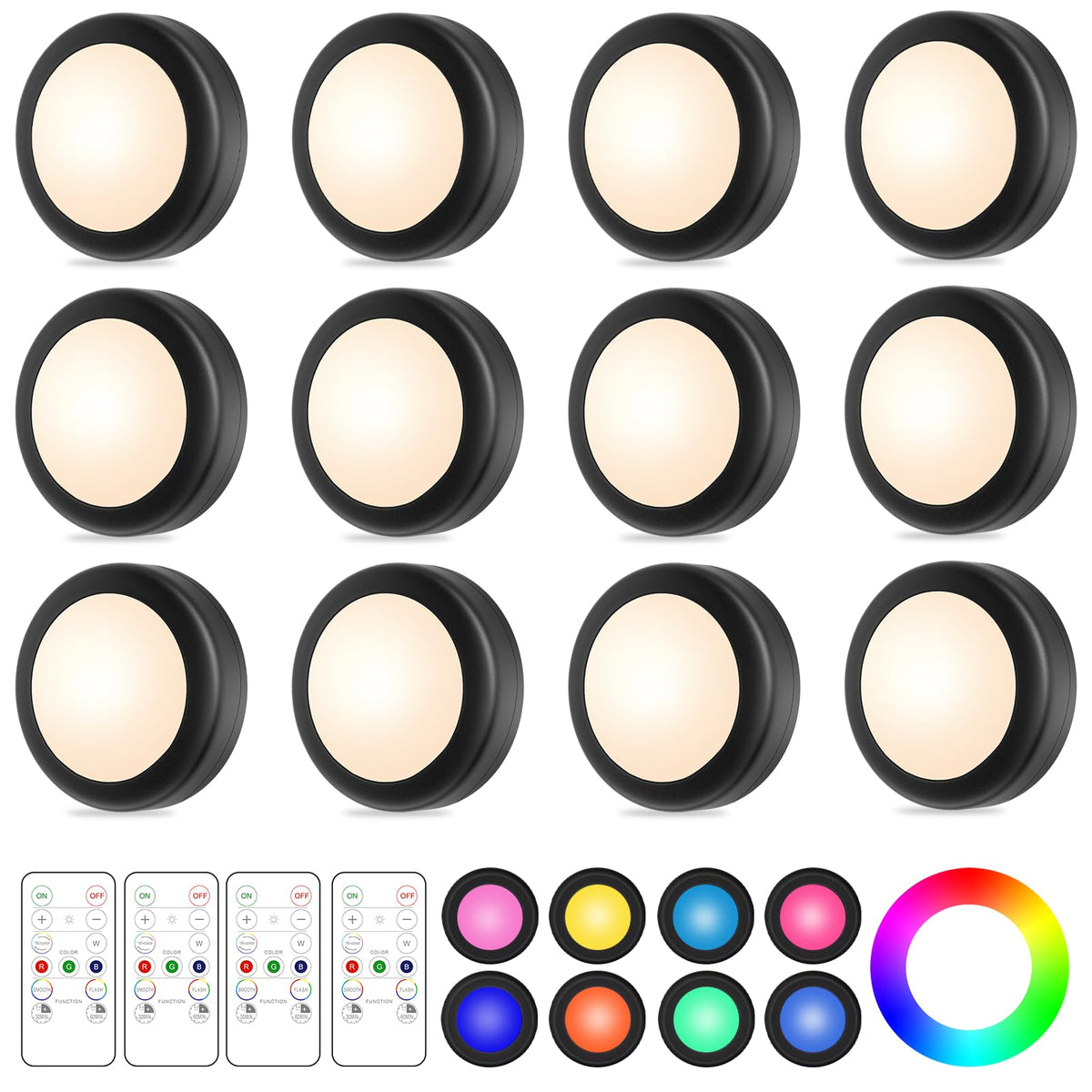 Yiliaw 12 Pack LED Puck Lights Remote Control 16 Color Changeable Under Cabinet Lights, Battery Operated Lights Night Light with