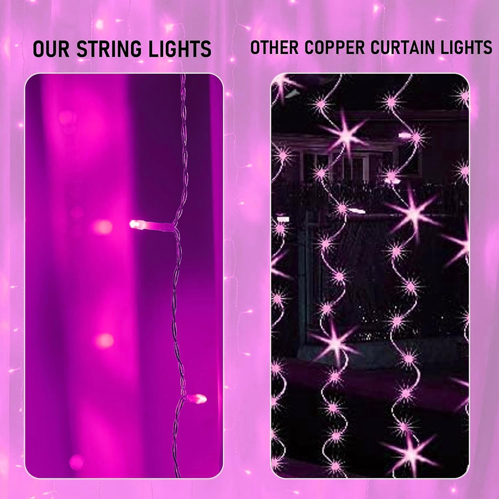 Dazzle Bright 300 LED Pink Curtain String Lights, Waterproof Fairy Lights with 8 Modes for Bedroom, Party, Wedding Decor, Model CL-300CC