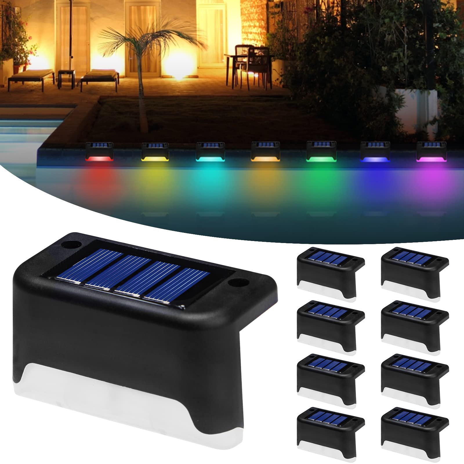 K.E.J. Solar Pool Lights Color Changing LED Deck Lights Waterproof Outdoor 8 Pack Black-Color