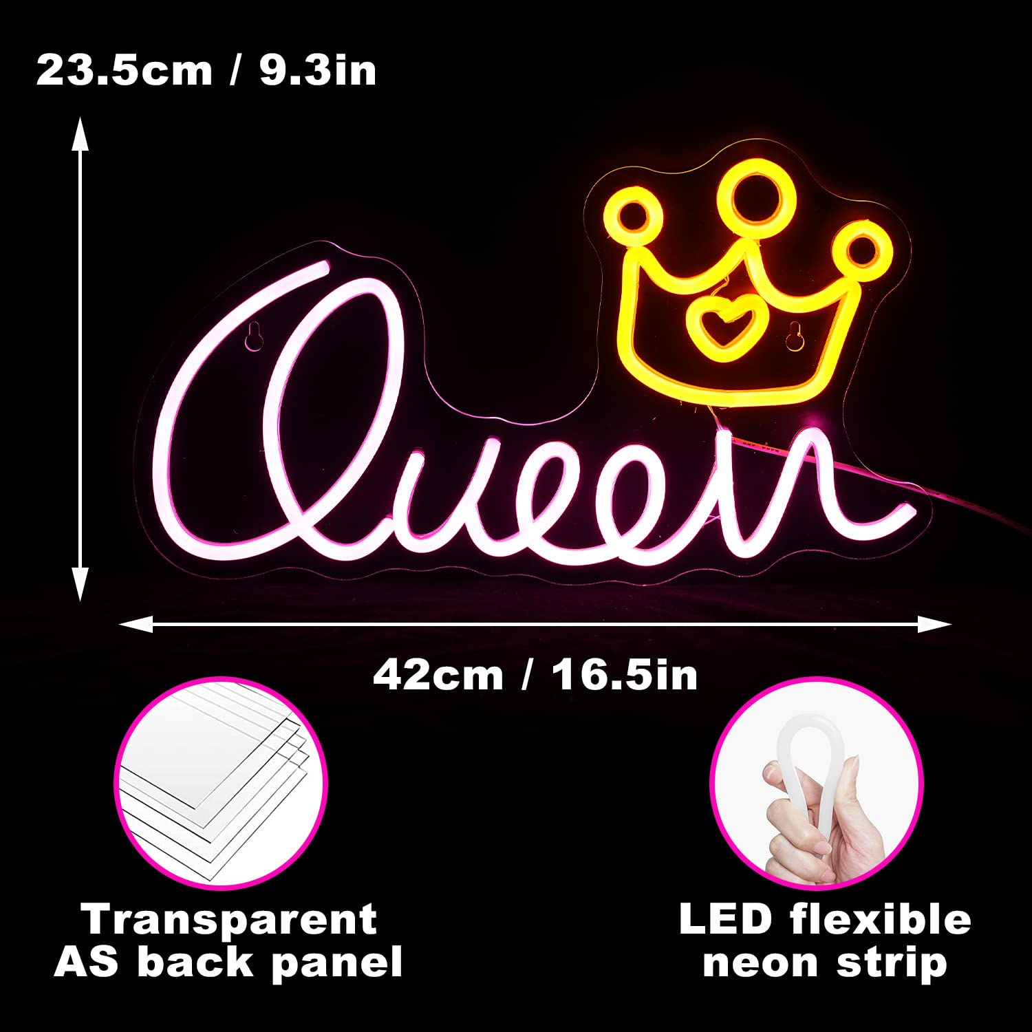 LISIGNVE Queen Neon Sign LED Light Dimmable USB Powered 16.5inx9.3in Pink Yellow Wall Decor for Kids Room Birthday Party