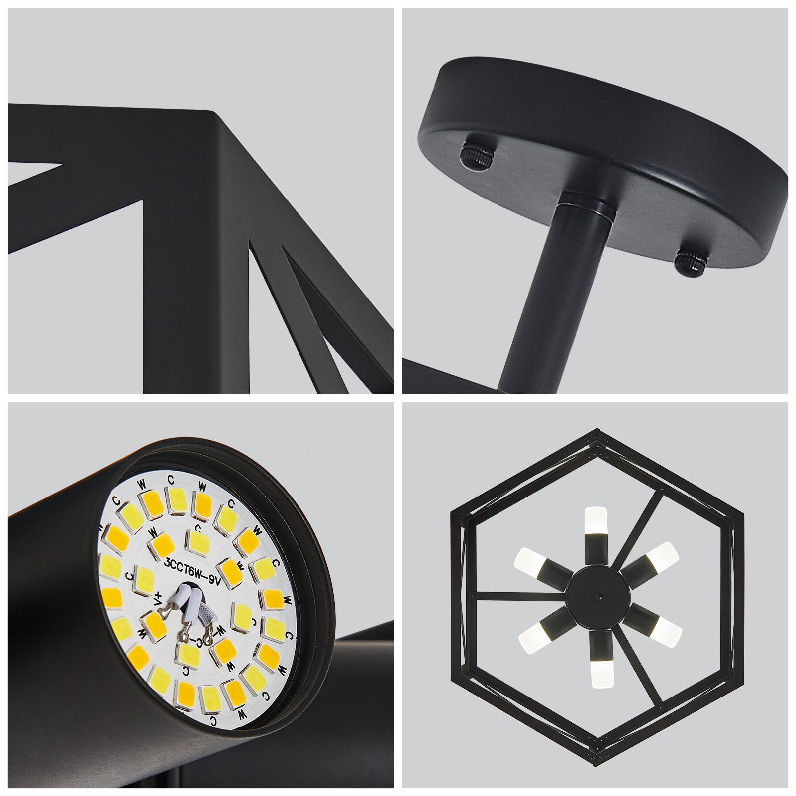 OTeedo Modern Semi Flush Mount Ceiling Light, 6-Light, Remote Control, Metal, Black, 19.7in, Model CL6H-R6