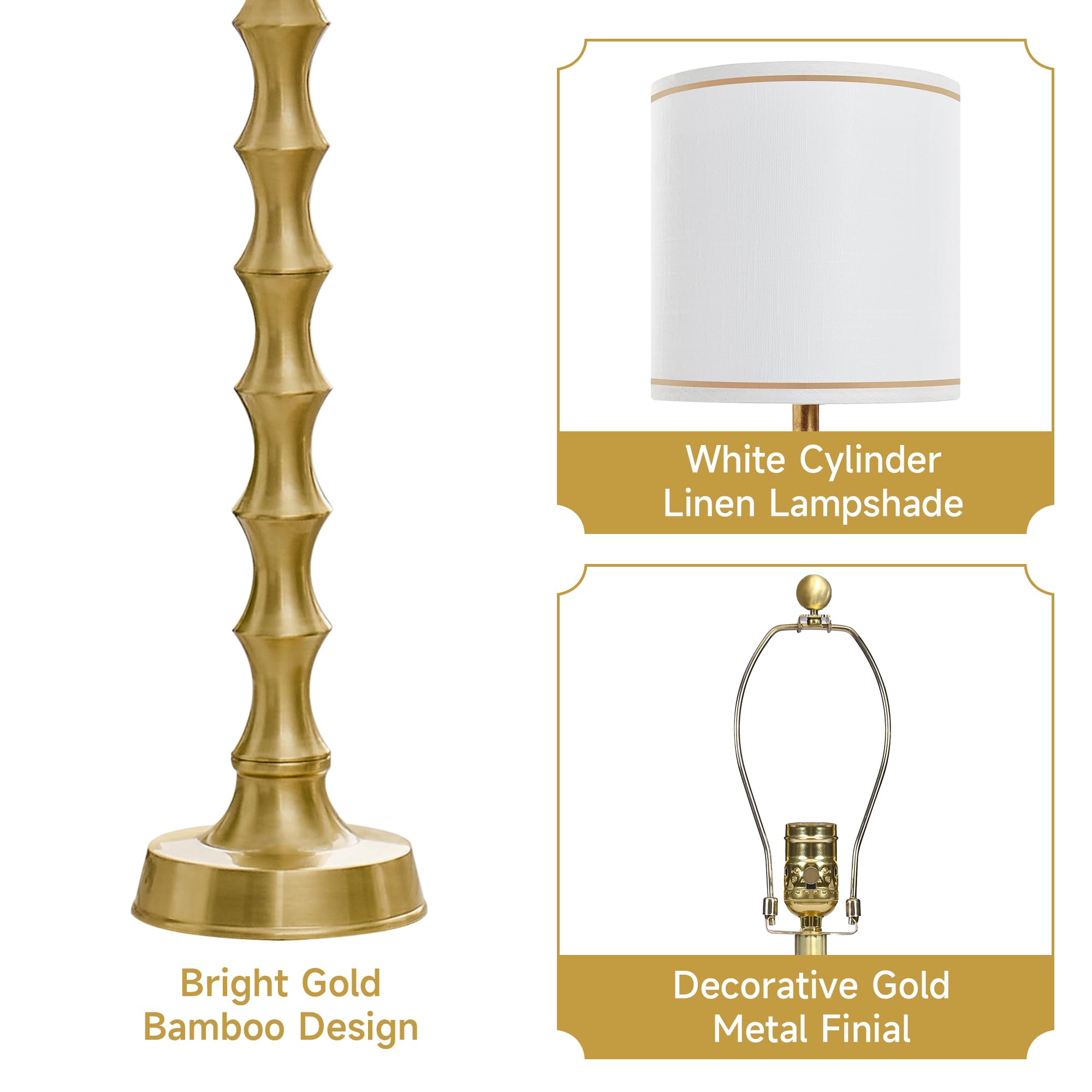 EUO Gold Table Lamps Set of 2 - Modern Tall Skinny Buffet Lamps, Bright Gold, Model TL2PK-011-PWH