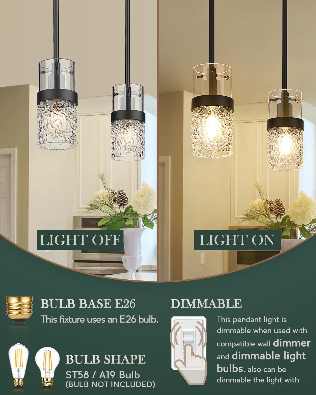 LMS Black Pendant Light - Modern Industrial Design, Hammered Glass, 1-Light for Kitchen Island, LMS-172