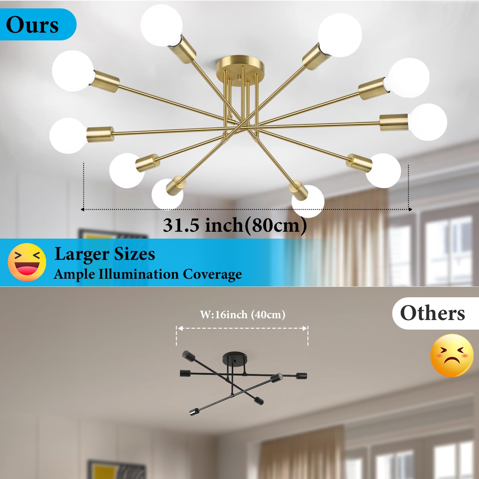 Semi Flush Mount Ceiling Light Fixture, 10-Light Modern Gold Sputnik Chandelier Industrial Ceiling Lamp For Kitchen Dining Room