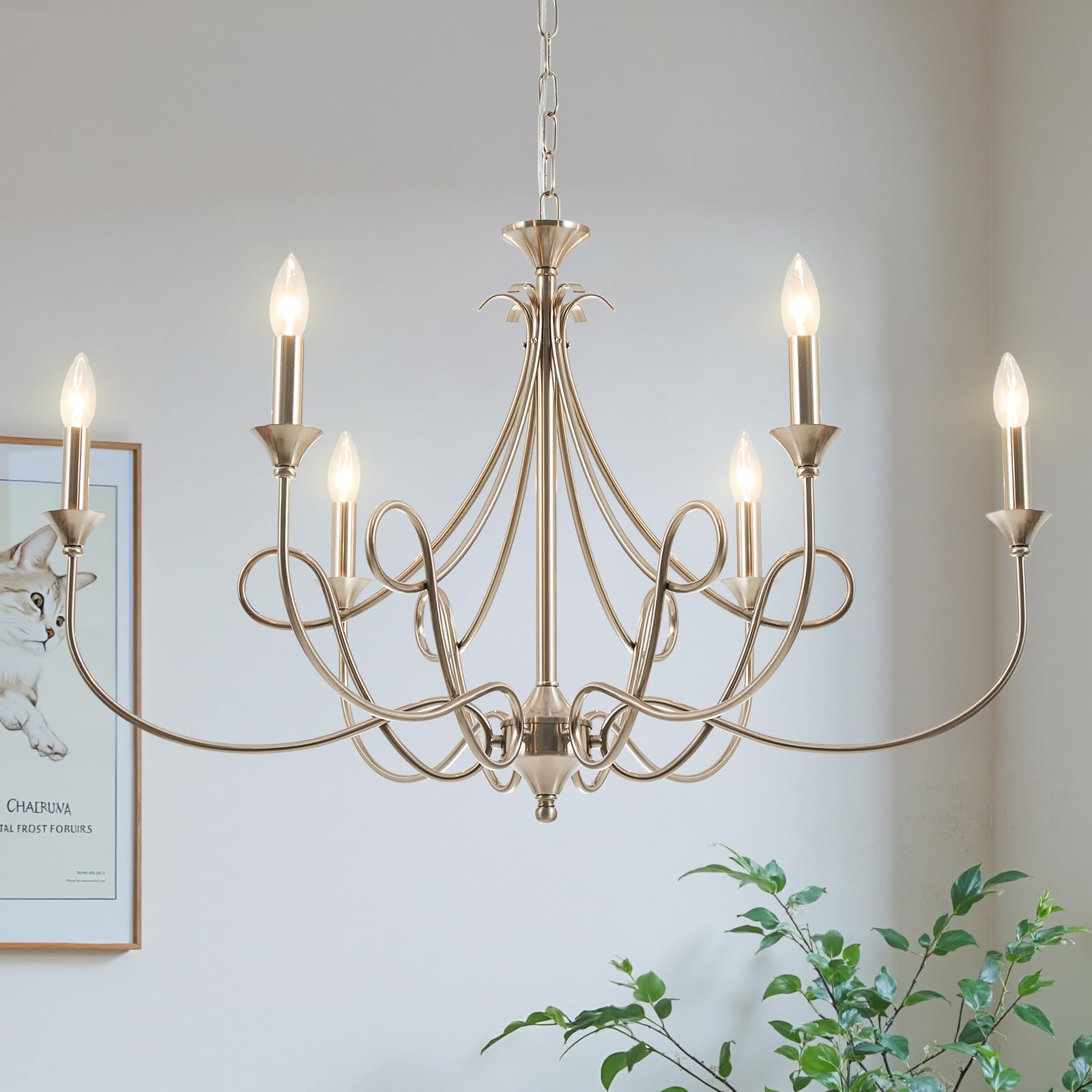 Afirstcght Modern Brushed Nickel Chandelier, 6-Lights Candle Dining Room Light Fixture 36.6in Farmhouse Chandeliers Metal Pendan