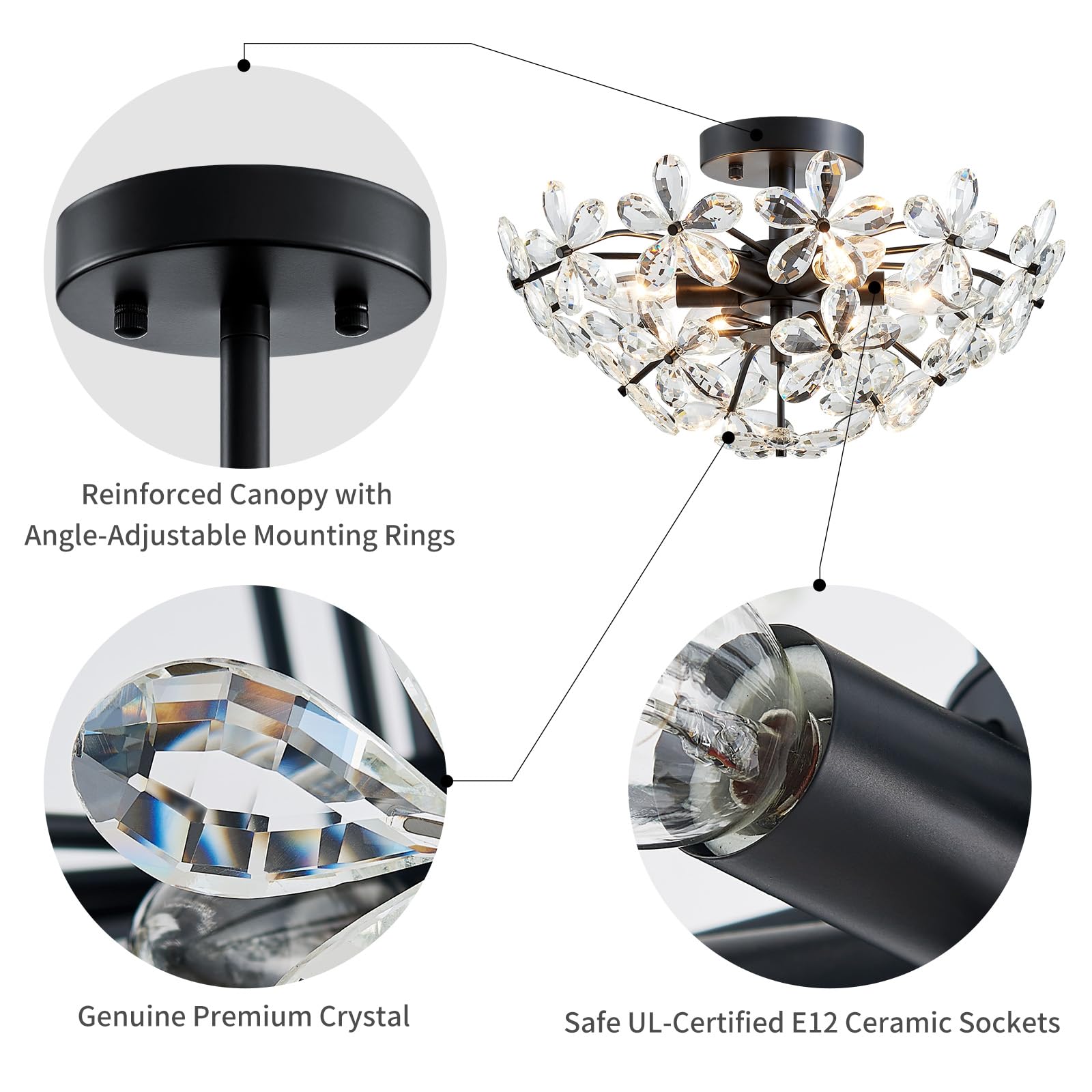 WUZUPS Crystal Chandelier Flushmount Ceiling Light, 8.9in H x 17.7in W, Black, Metal, 6 Lights, Model USHD90013C-B