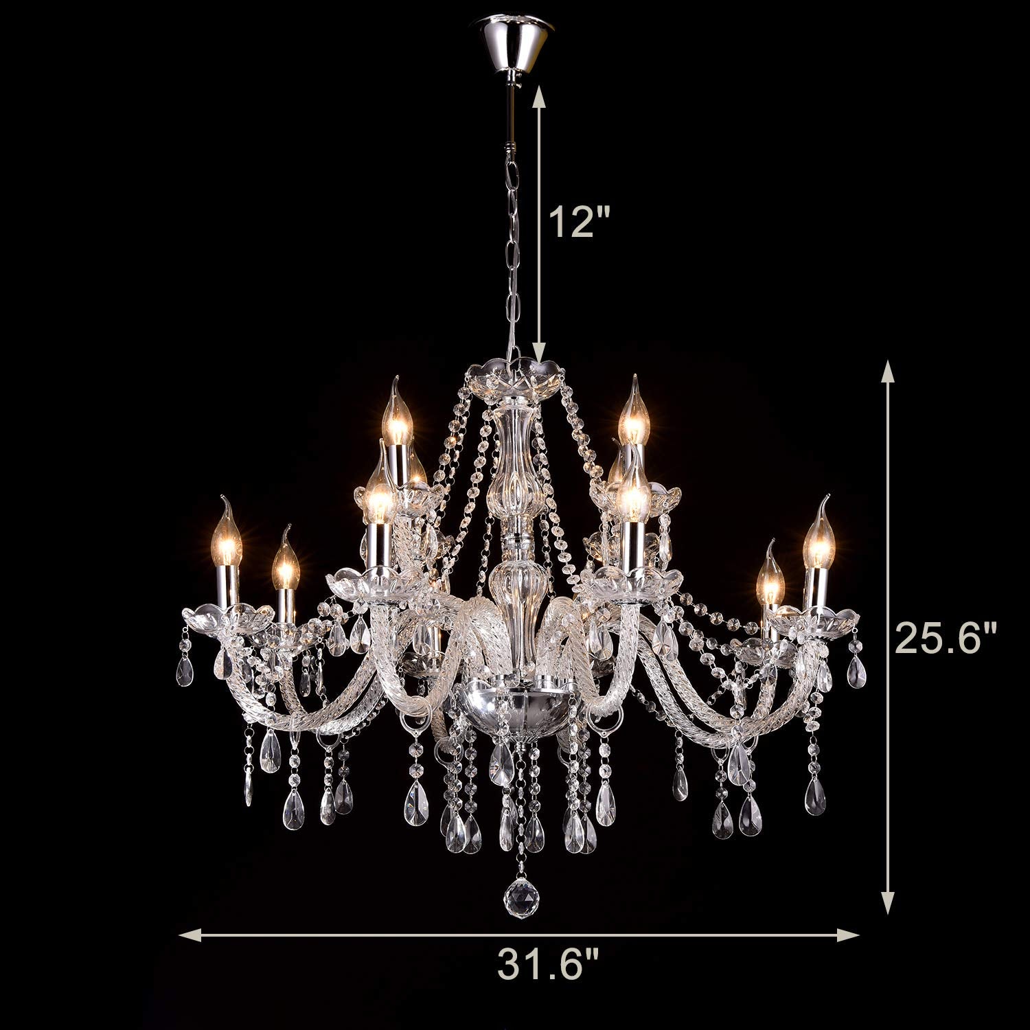Baotree 12 Lights K9 Crystal Glass Chandelier Pendant Lighting European Style Transparent for Dining Living Room Bedroom