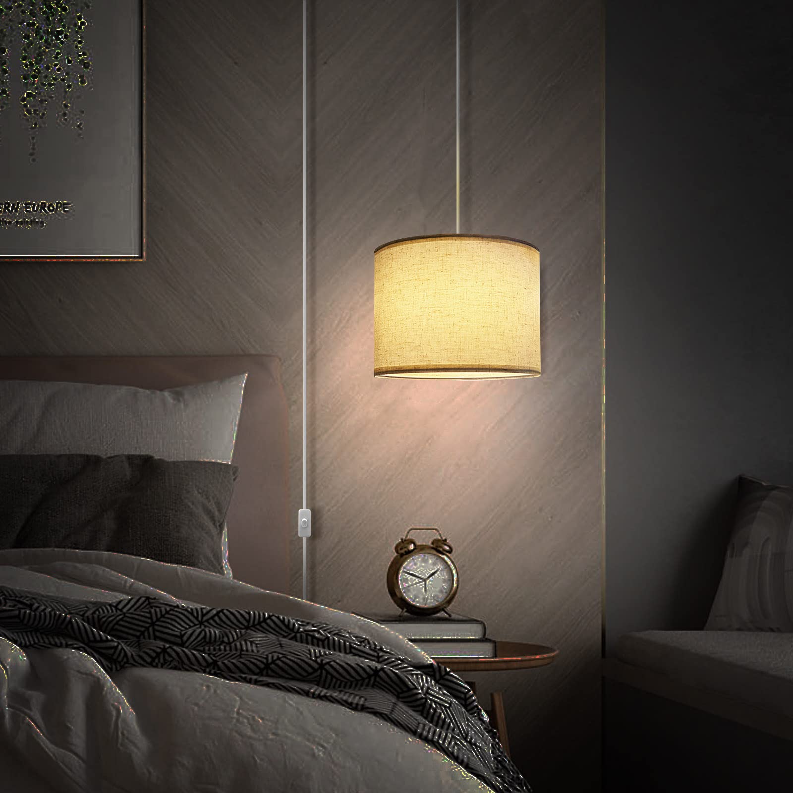 Kuaugst 15 Ft Plug In Pendant Light With On/Off Switch & Fabric Shade - Beige Hanging Lamp