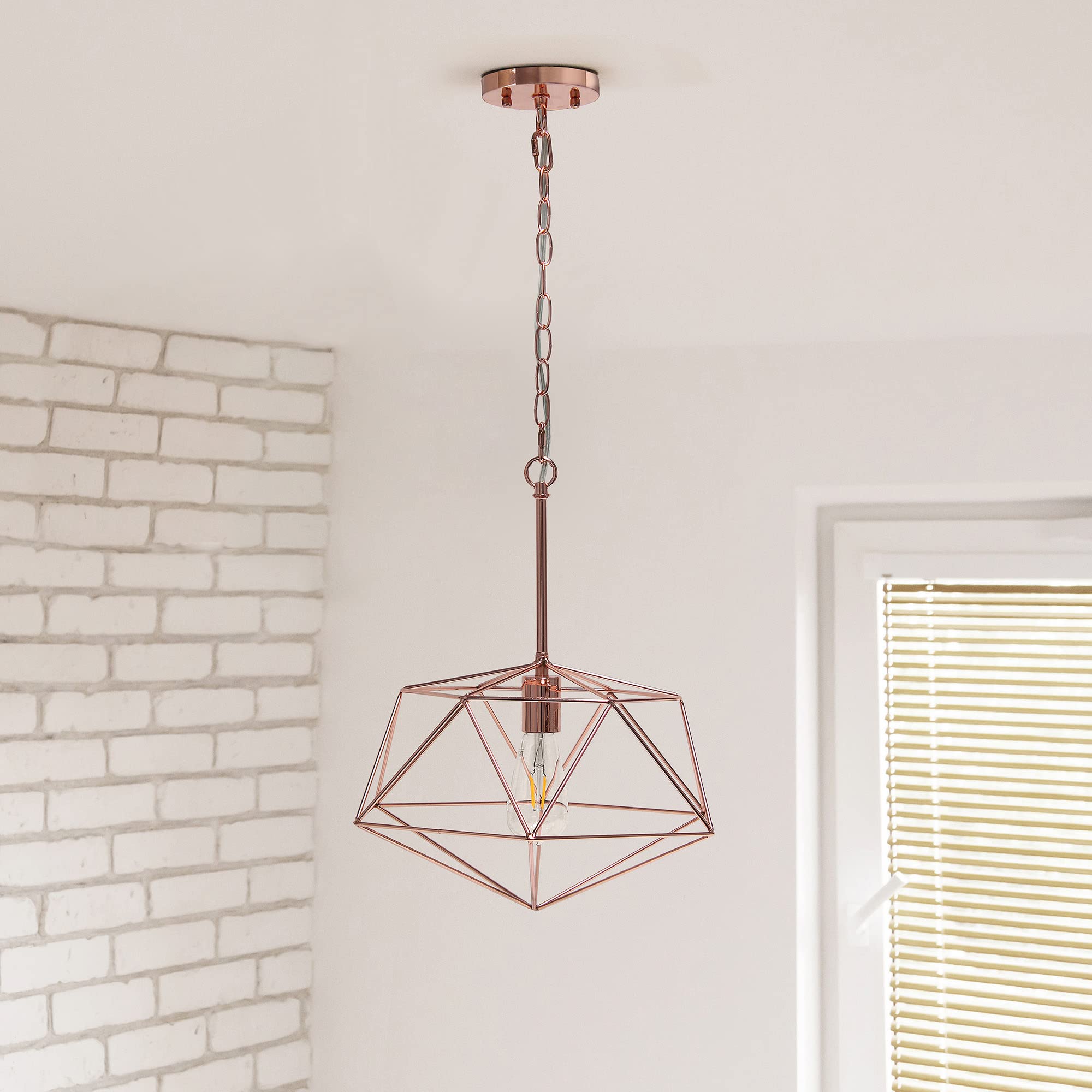 Elegant Designs Pendant Light Fixture, 16in Iron Geometric Cage, Rose Gold, Model PT1011-RGD