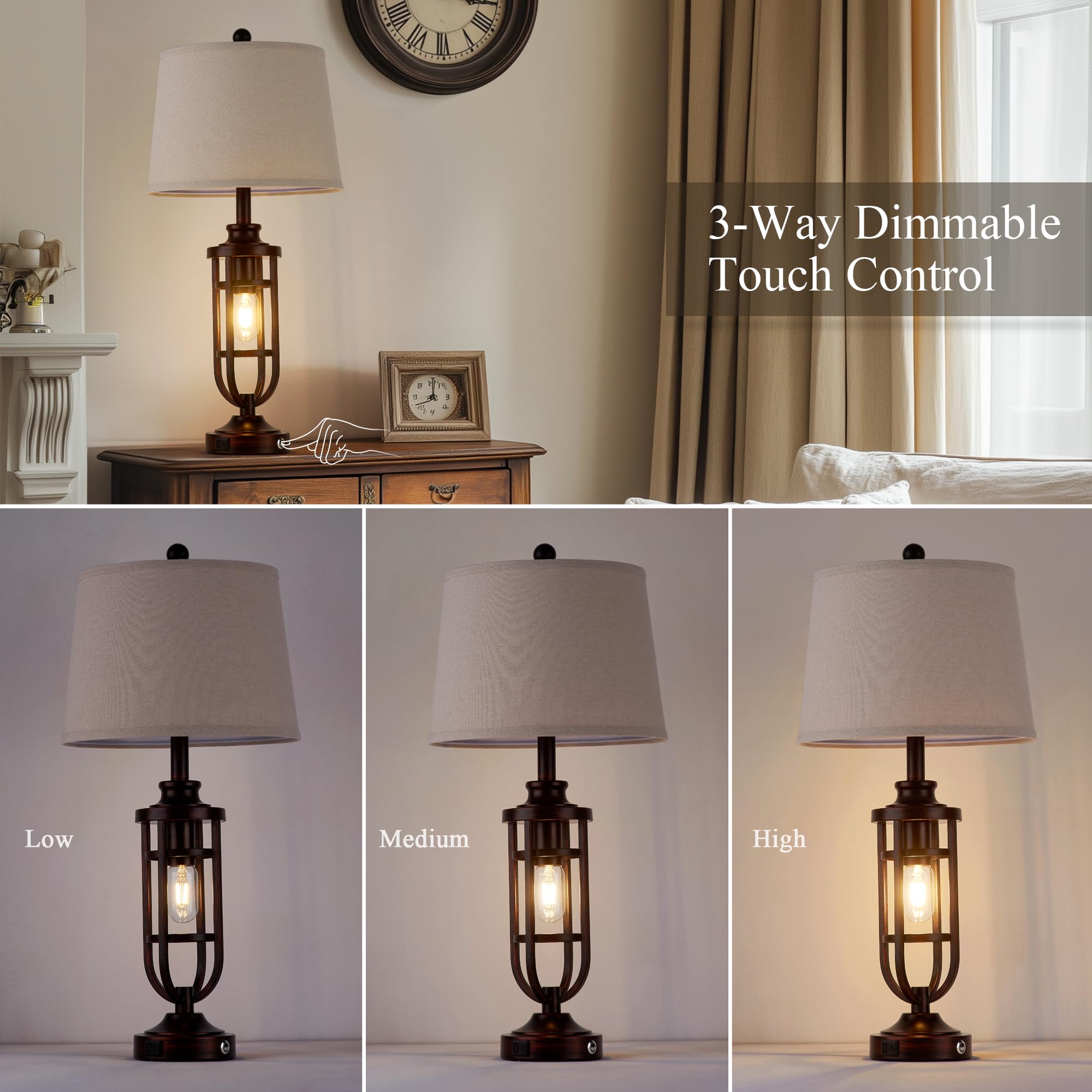 Srjjrs 28'' Table Lamps For Living Room Set Of 2, Farmhouse Bedroom Lamps For Nightstand With Usb A+C, Rustic Bedside Lamps For