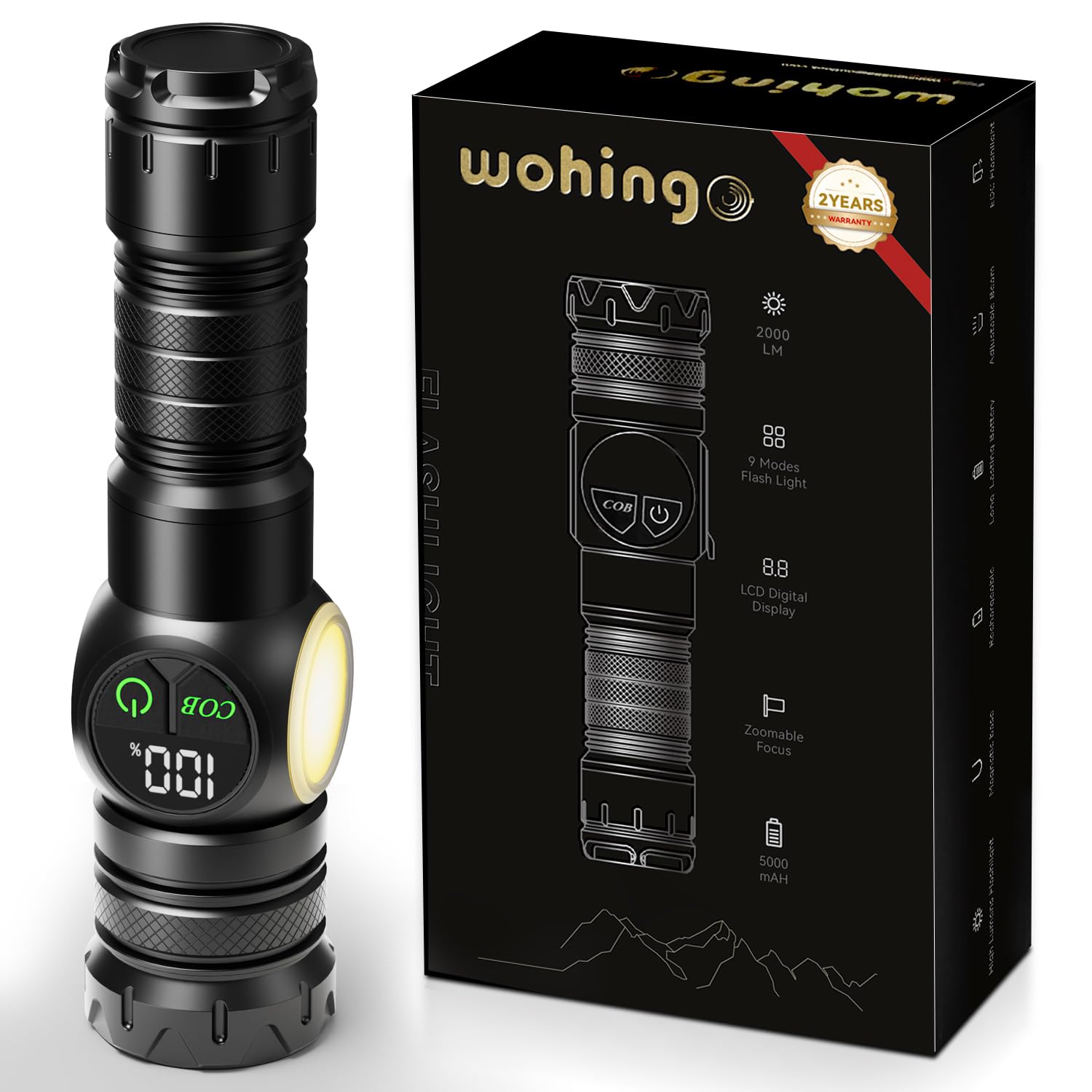 Wohingo LED Rechargeable Flashlight,Flashlight with COB Side Light,7 Lighting Modes,Adjustable Focus,5000mAh,Waterproof, for Cam