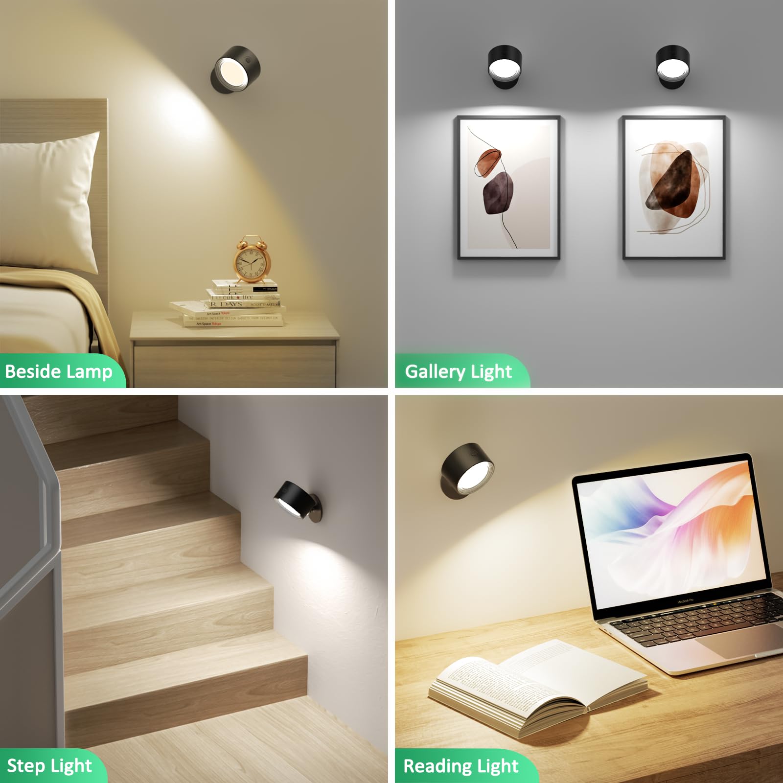 Lightbiz LED Wall Mounted Lights, 2 Pcs, Rechargeable 3000mAh, Dimmable, 3 Color Temperatures, Black, Model X120