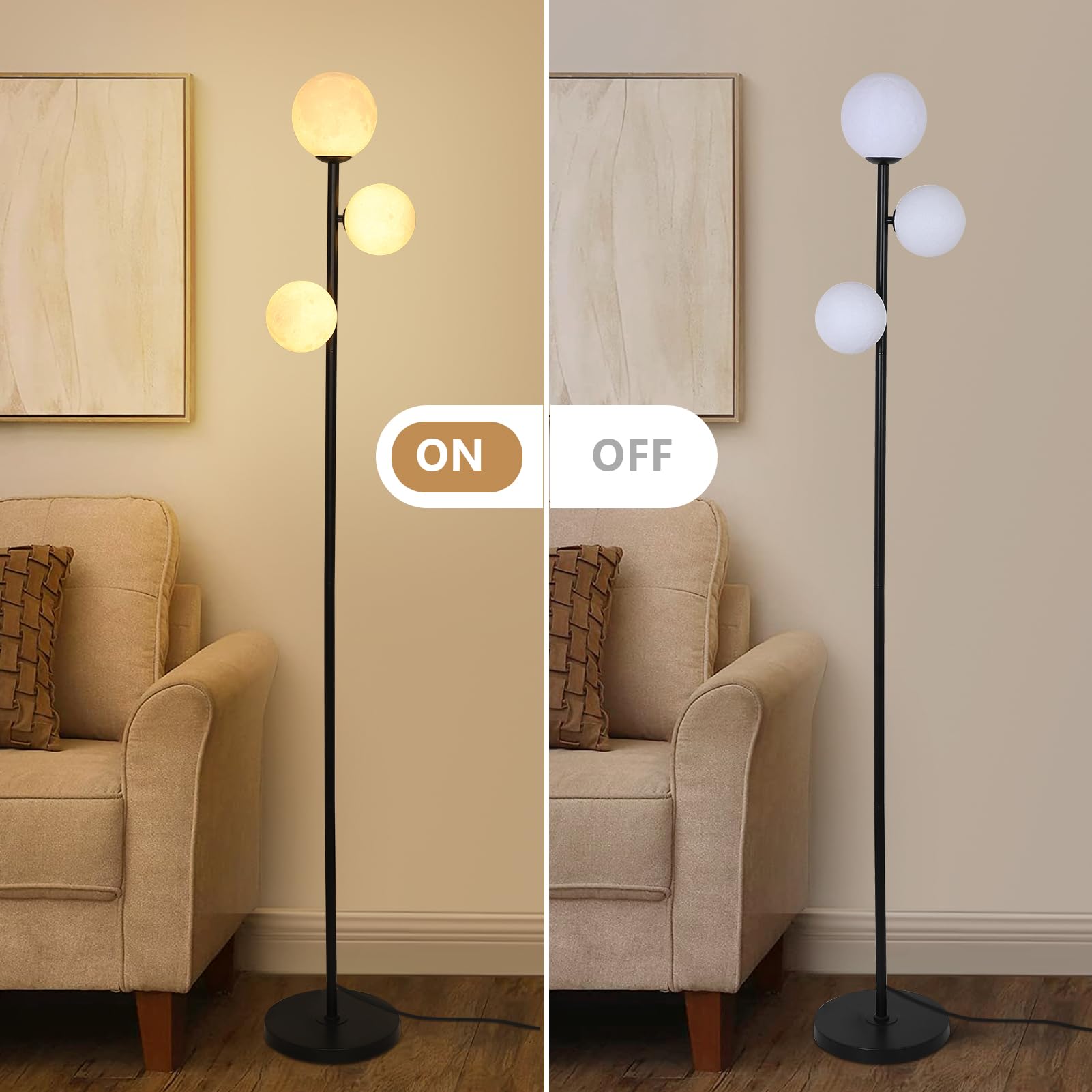 3 Globe Floor Lamps For Living Room, Black Standing Lamp With Led G9 Bulbs, Modern Floor Lamp With 3D Moon Printing Frosted Shad