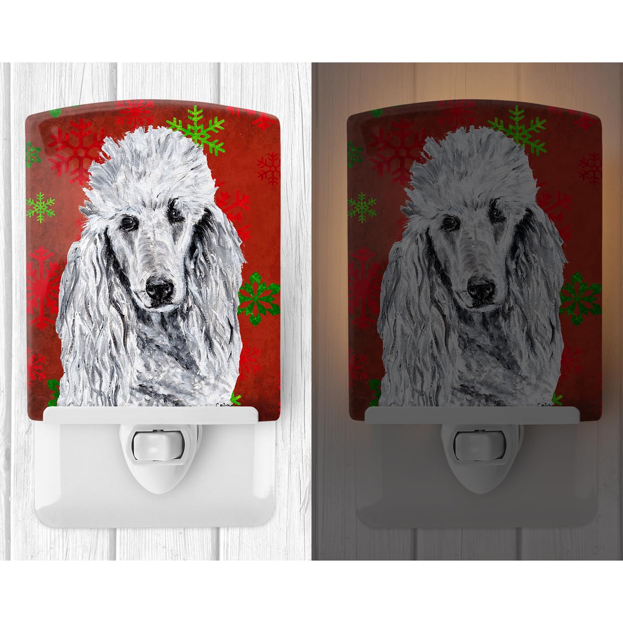 Carolines Treasures Ceramic Night Light, Red Snowflakes, 6x4x3in, Model SC9751CNL, White Standard Poodle, UL-Certified