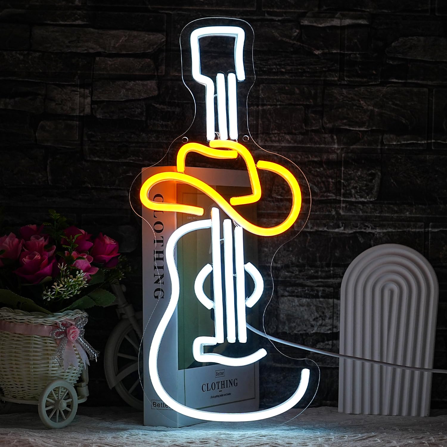 LULANMP Cowboy Hat Guitar Neon Sign, White LED Wall Decor, Size 16.9inx7.4in, Yellow Hat, Plastic Material