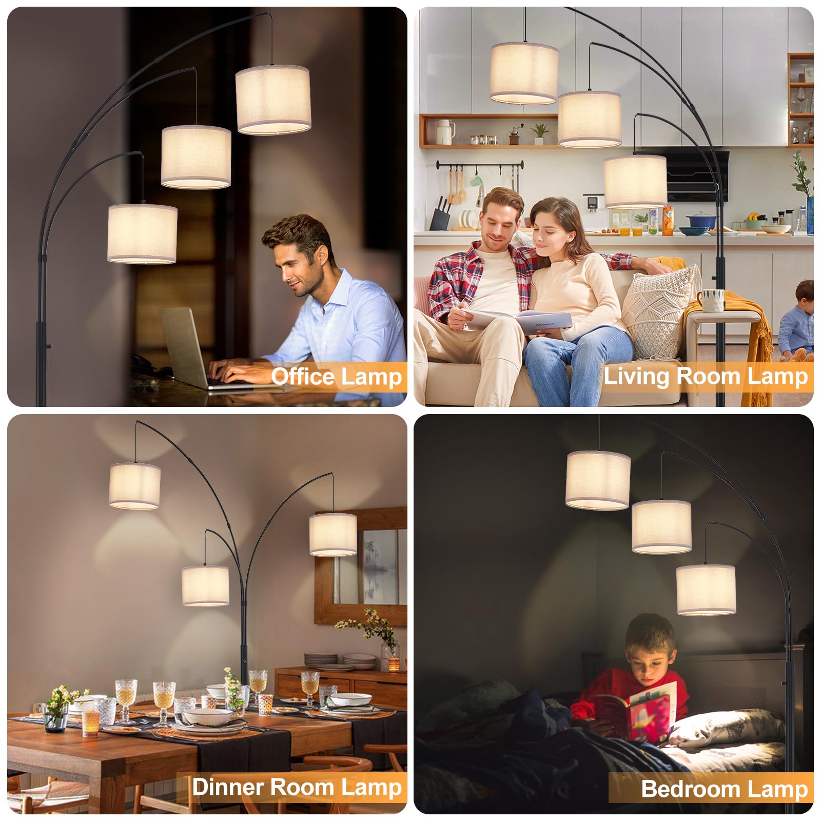 DINGLILIGHTING Modern 3-Light Floor Lamp - Dimmable Black Metal Arc Lamp with Gray Shades - Model WS-MNF27-60B-GY