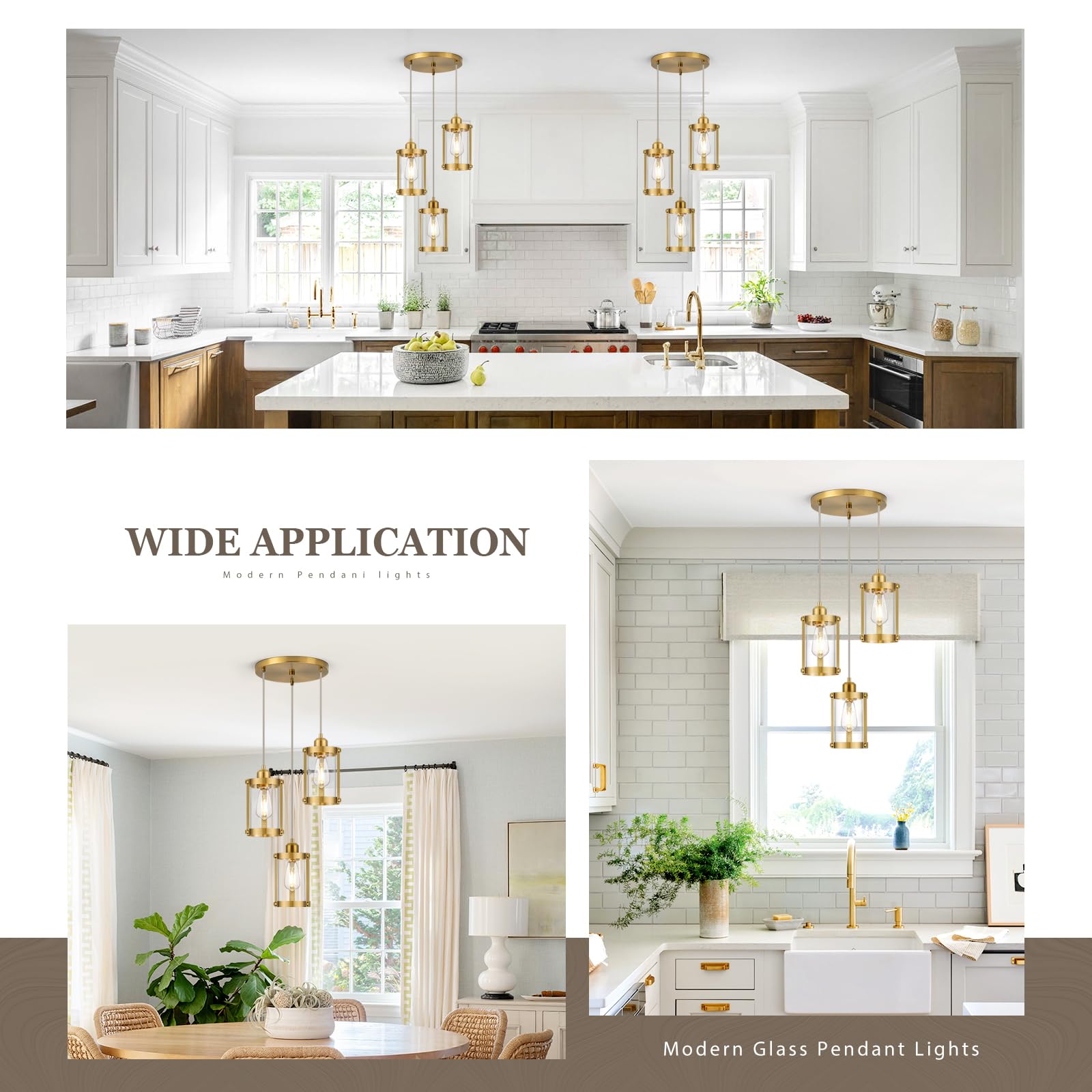 Osimir 3-Light Pendant Lighting, Brushed Gold Dining Room Chandelier Light Fixture Over Table With Clear Glass, Modern Cluster H