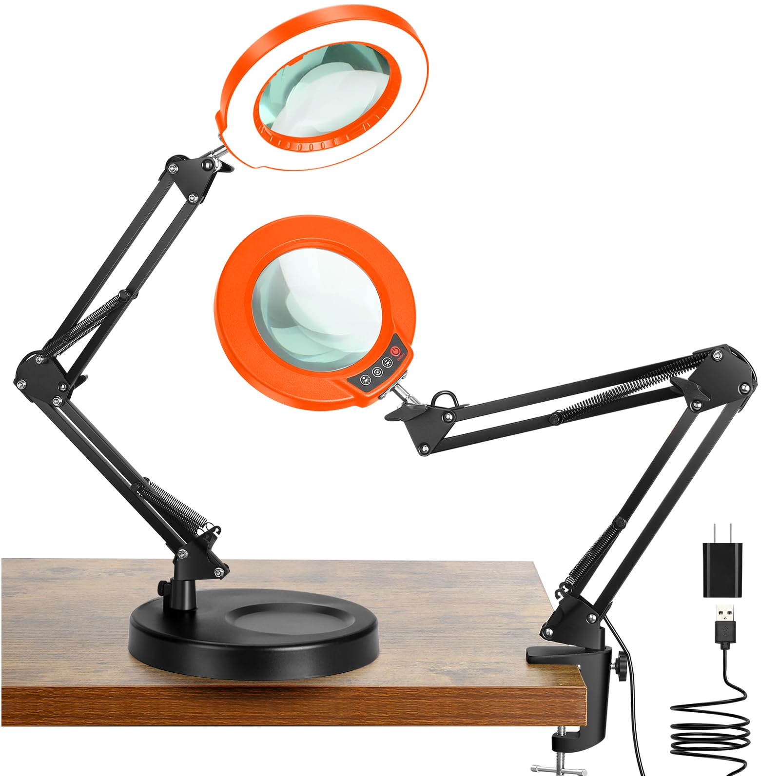Coyeth 10X Magnifying Glass with Light, Stepless Dimmable, Clamp Stand, LED Desk Lamp, Black Orange, Model CTL-C6
