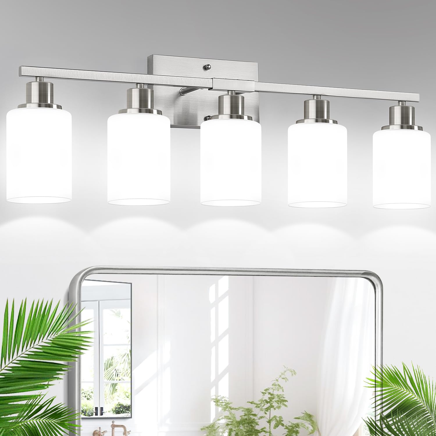 Indoi 5-Light Bathroom Vanity Light Brushed Nickel & Milky White Glass Model LTW070 Up/Down Reversible Lighting