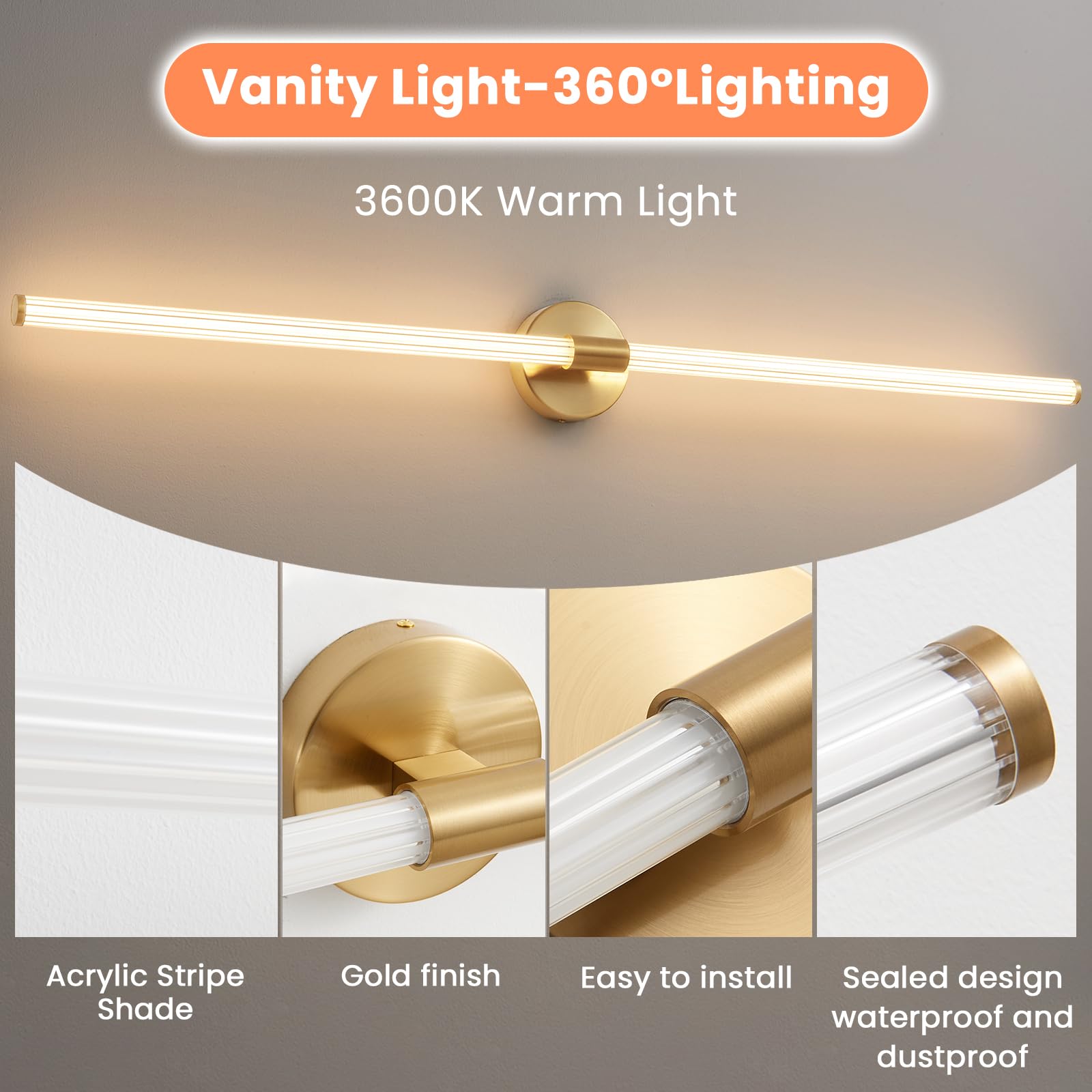 Gednbo Gold Bathroom Vanity Lights 49 Inch Long Bathroom Light Fixtures Over Mirror, Dimmable Led 360° Full Lighting Modern Vanity Light Bar Wall Sconce Warm Light For Bedroom Living Room