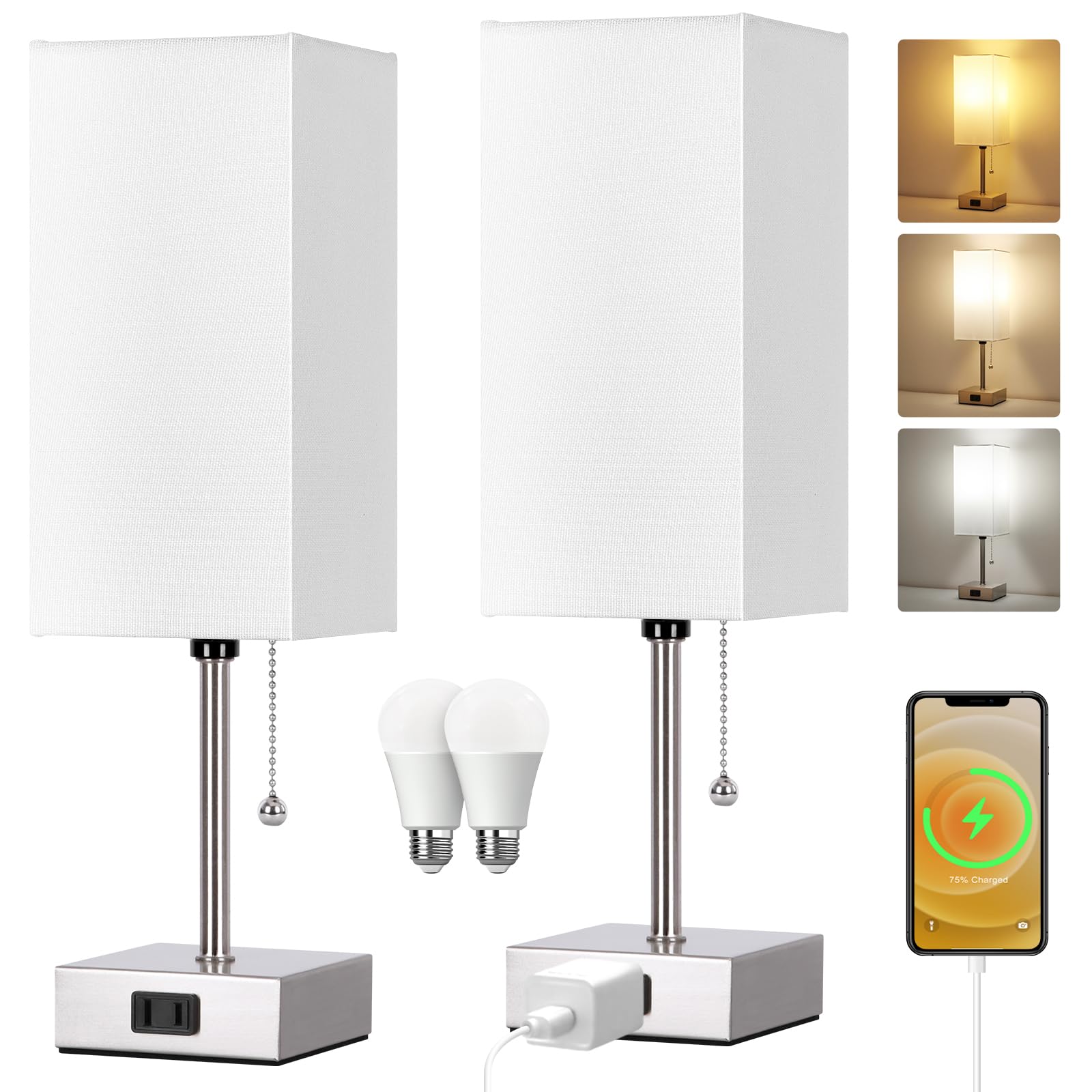 Dott Arts Touch Control Bedside Lamp, 3 Way Dimmable Nightstand Lamp with 2 USB Ports & AC Outlet, Modern Style, White Fabric Sh
