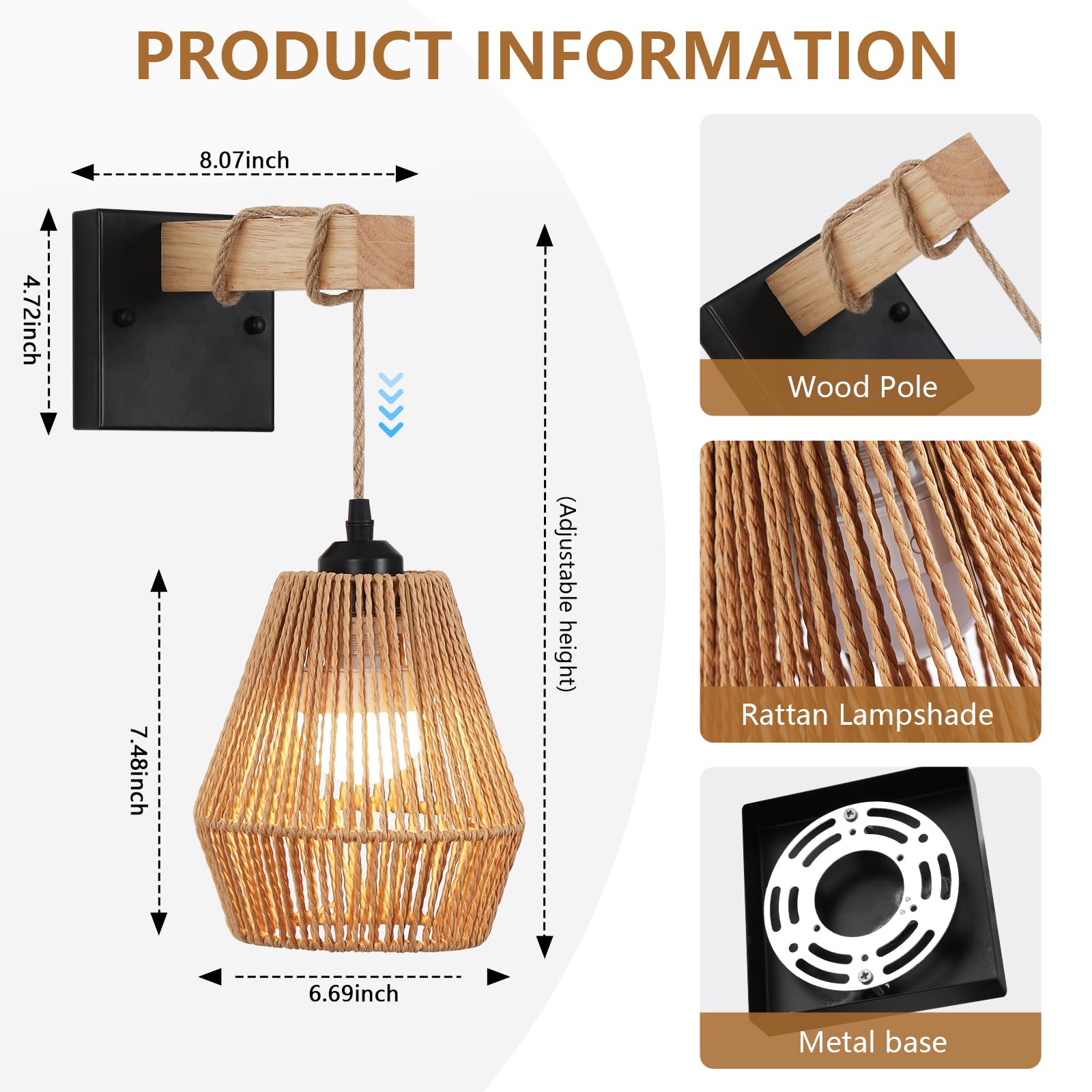 Battery Operated Wall Sconces Set of 2,Rattan wall sconce with Remote Control,Rechargeable Boho Wall Light Dimmable,Farmhouse Wi