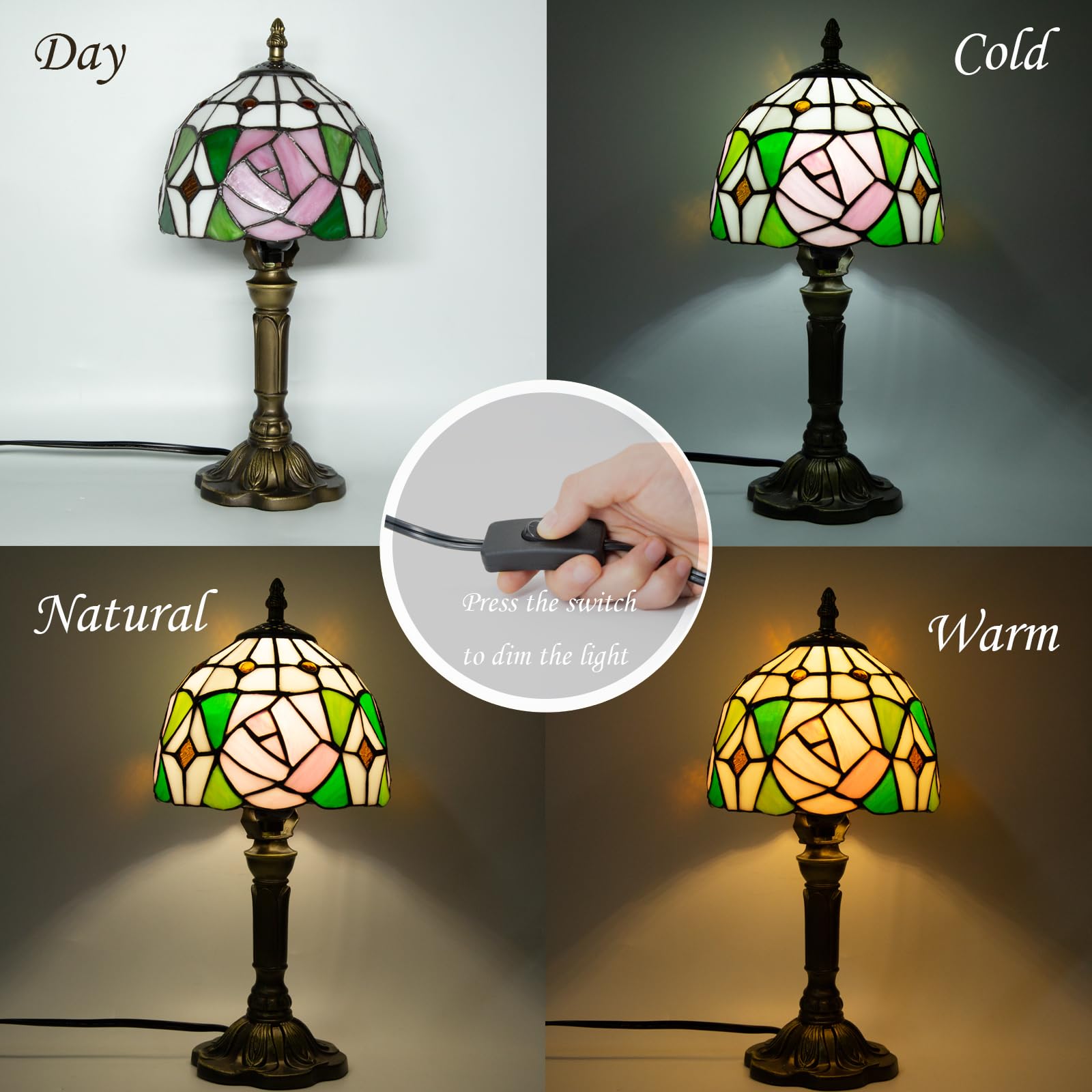 Ppbmocw Stained Glass Lamp,8X14 Inches Small Tiffany Lamp For Bedside,Antique Office,Living Room (D Rose)