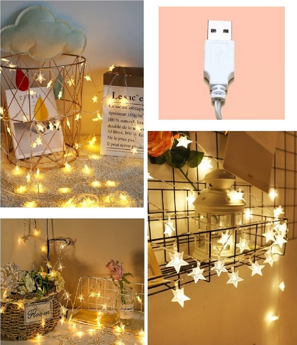 Merdeco Star String Lights, 20ft 40 LED, USB Powered, Warm White Fairy Lights, Plastic, for Party Wedding Christmas Home Decoration