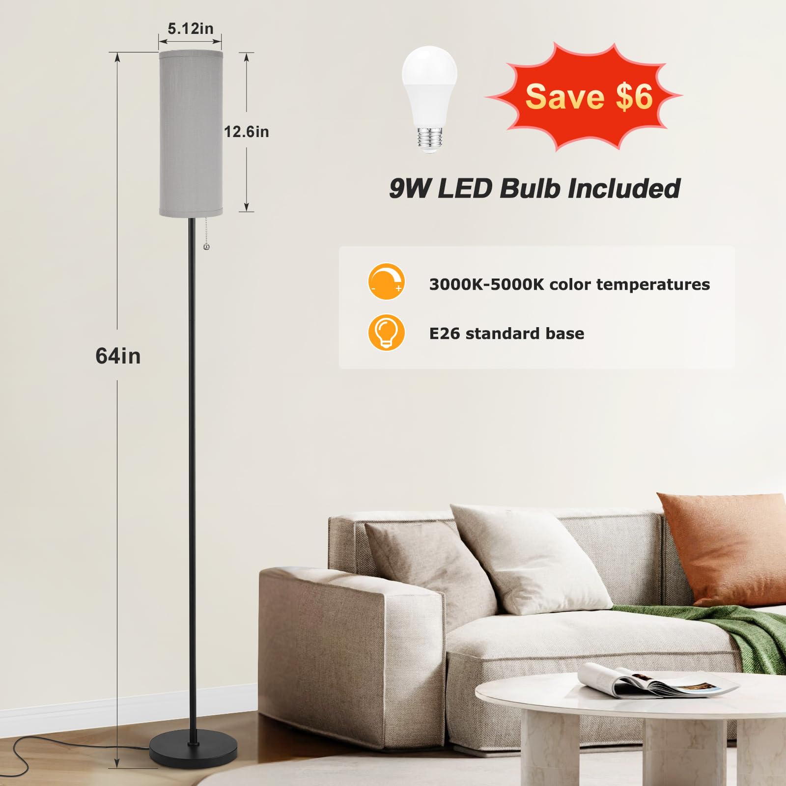 Ambimall Floor Lamp, Minimalist Grey & Black 64in Standing Lamp, Iron Material, 3 Color Temperatures, Model RPT-ZGB20203