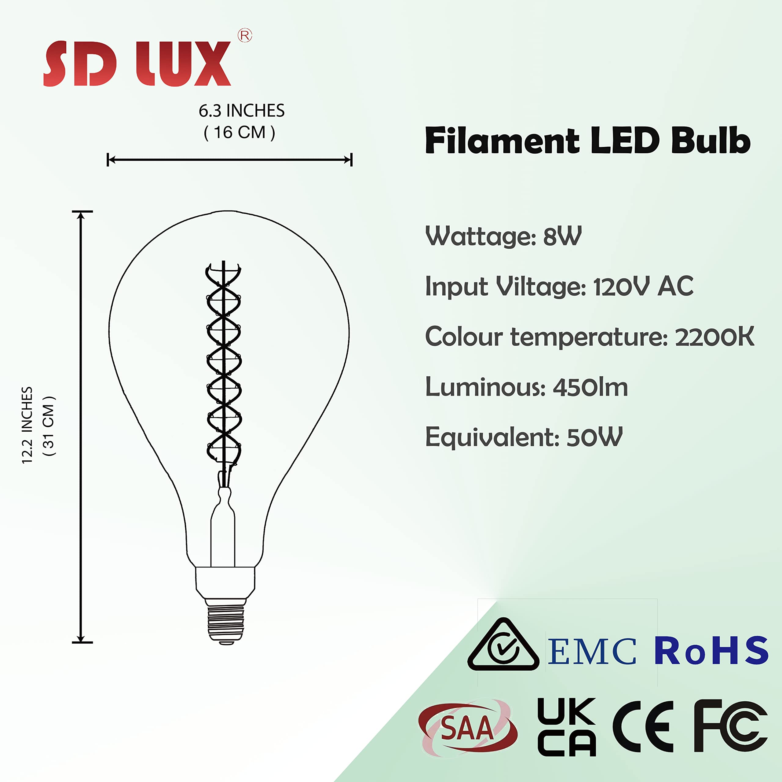 SD LUX Vintage LED Light Bulb PS52, 8W Dimmable, Extra Large Amber Glass, E26 Base, 450LM, Warm White 2200K, 1 Pack